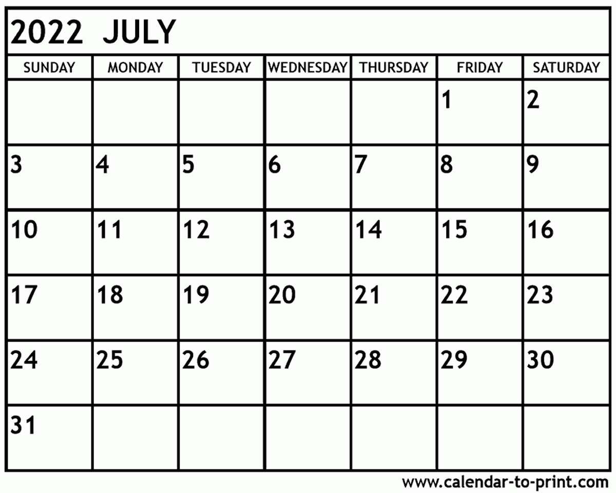 July 2022 Calendar Printable