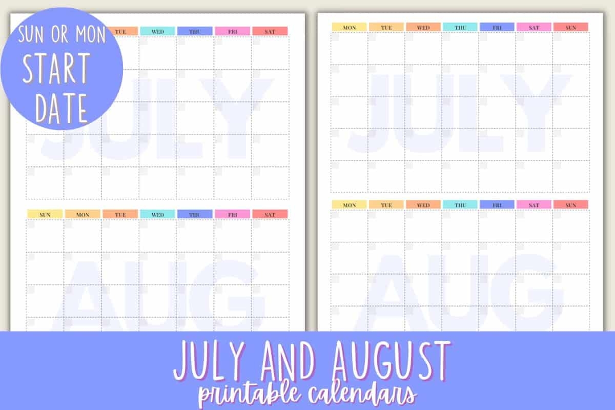 June July August Printable Calendar