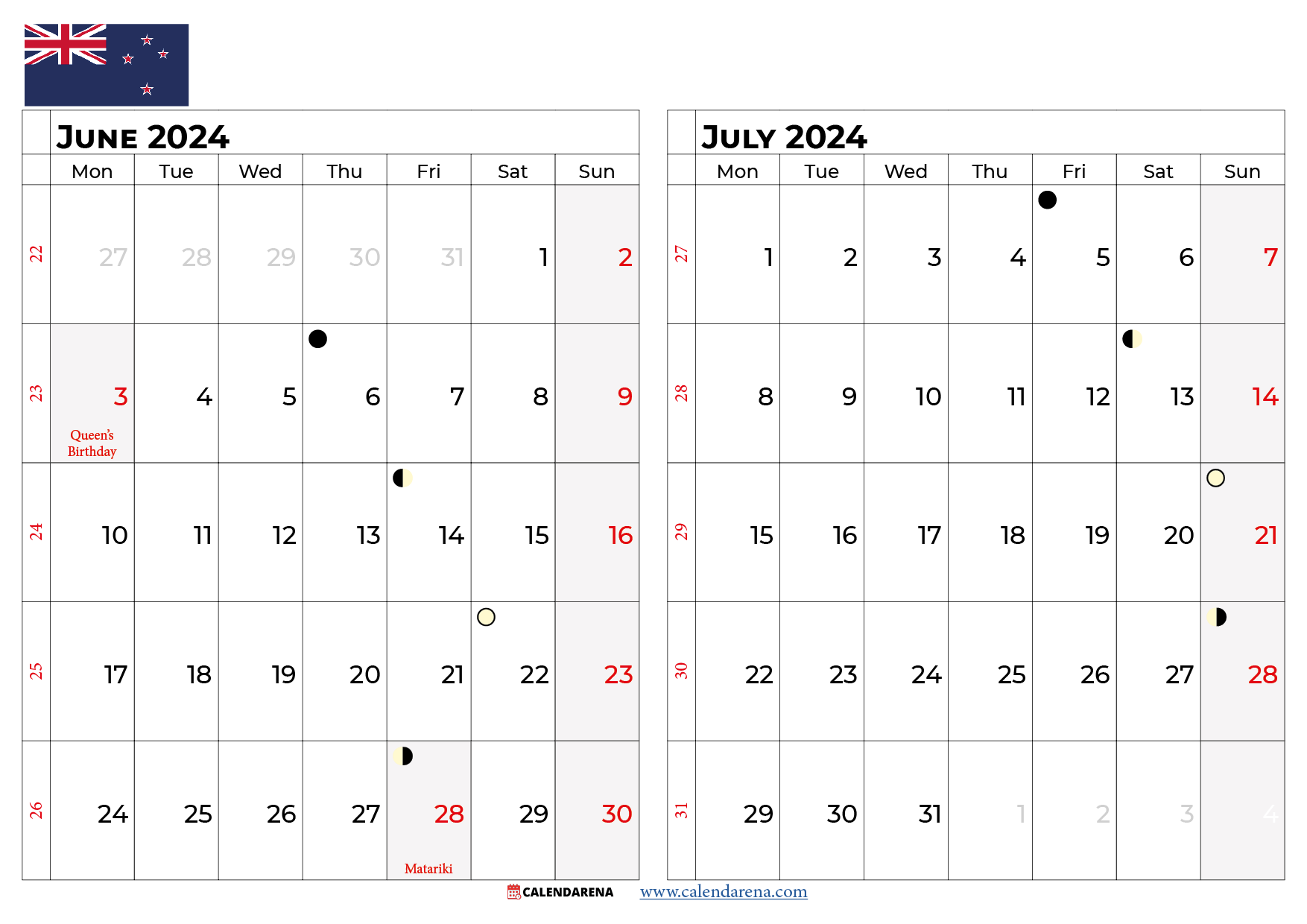 June And July Printable Calendar