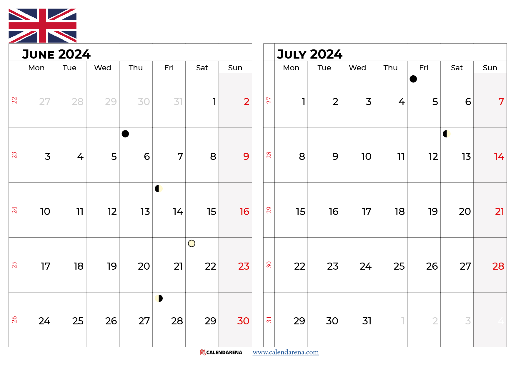 June And July Calendar Printable