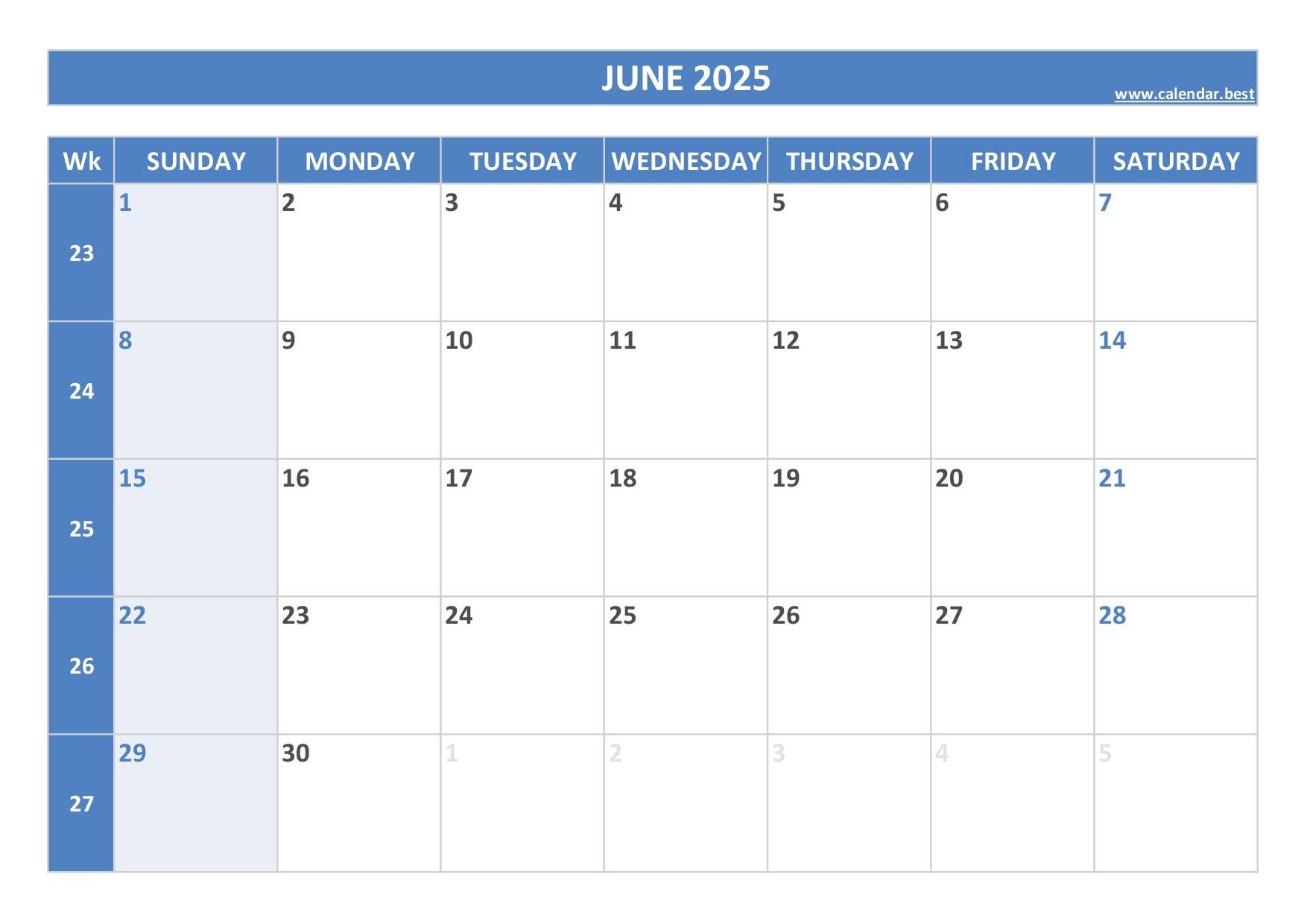 2025 June Printable Calendar
