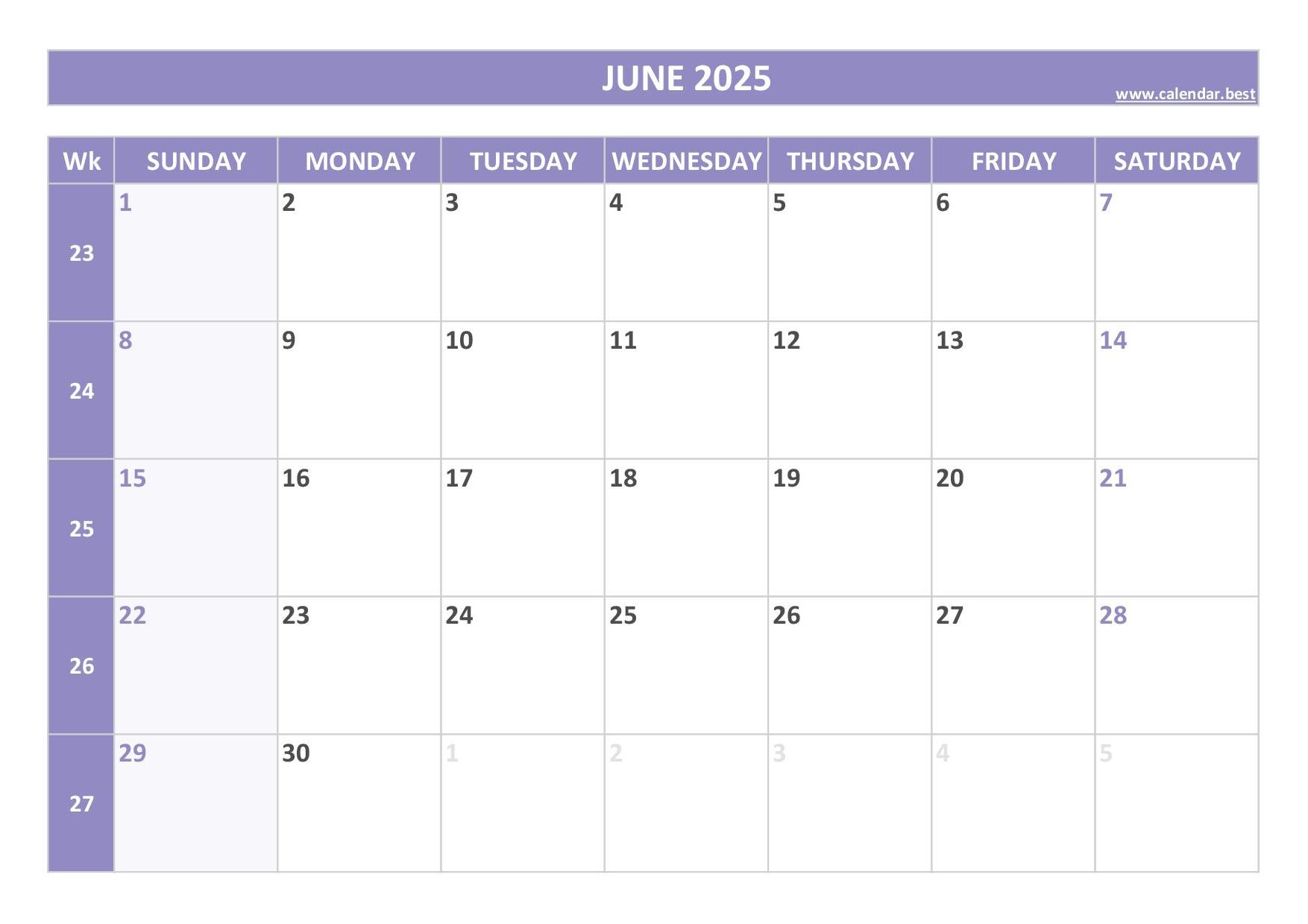Printable Calendar For June 2025