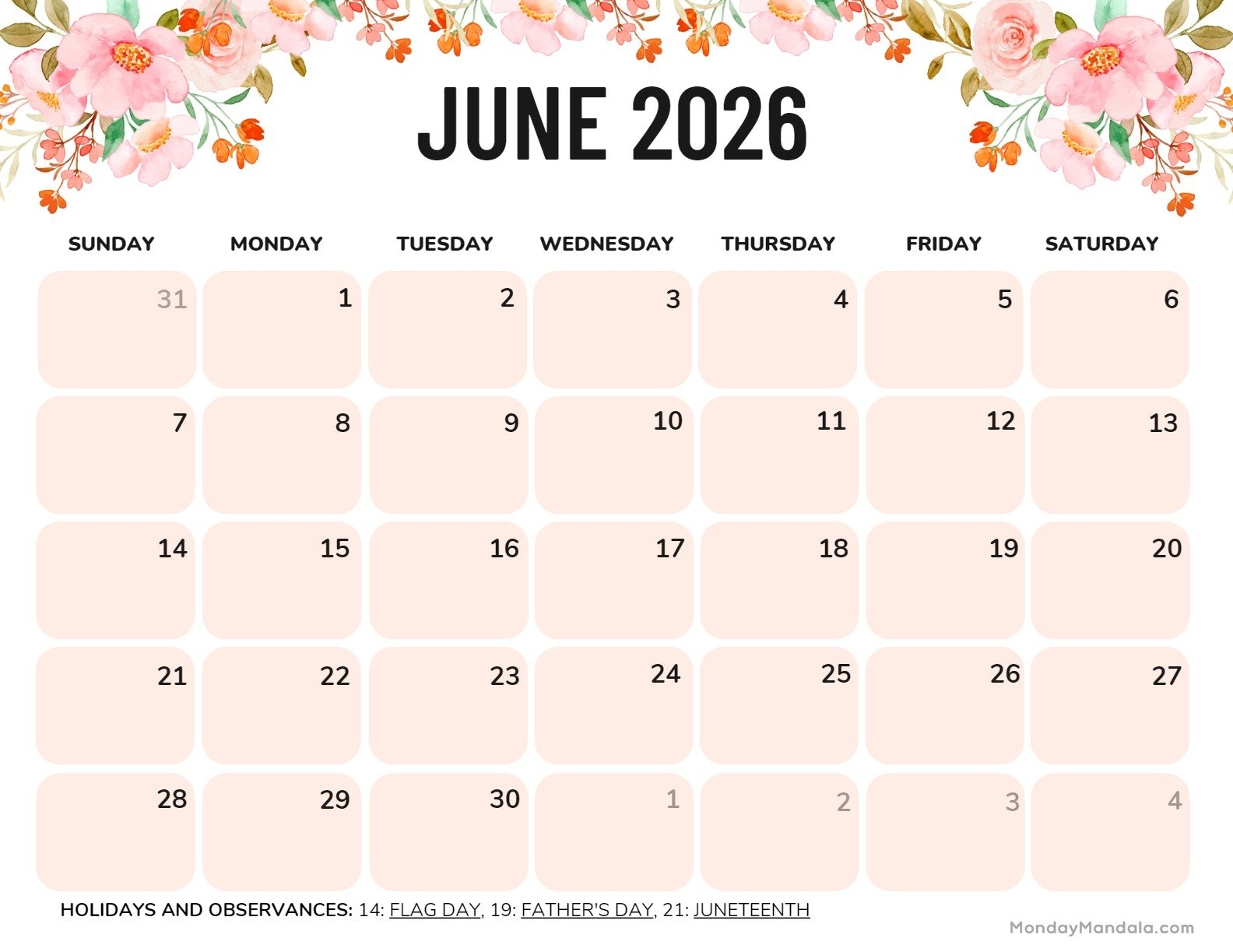 Month Of June Calendar Printable
