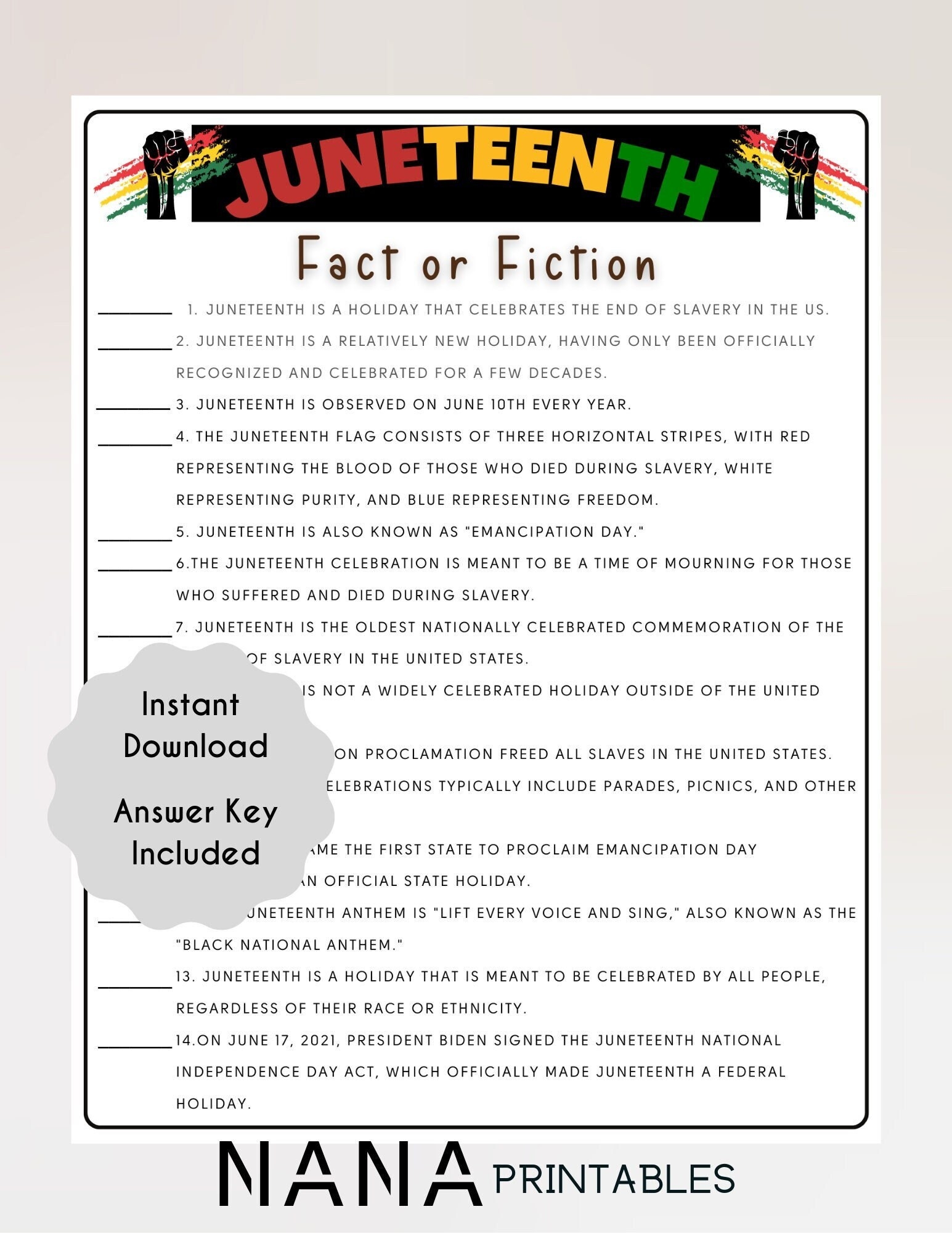 Juneteenth Fact Or Fiction Game Fun Educational Game Kids Black History Game African American History School Quiz Kids Instant Download Etsy