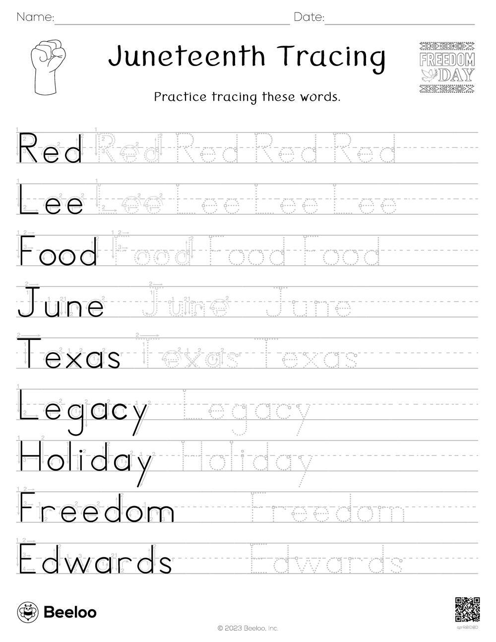 Juneteenth Tracing Beeloo Printable Crafts And Activities For Kids