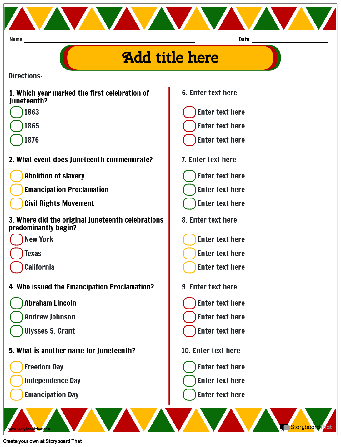 Juneteenth Trivia Worksheet Storyboard By Templates