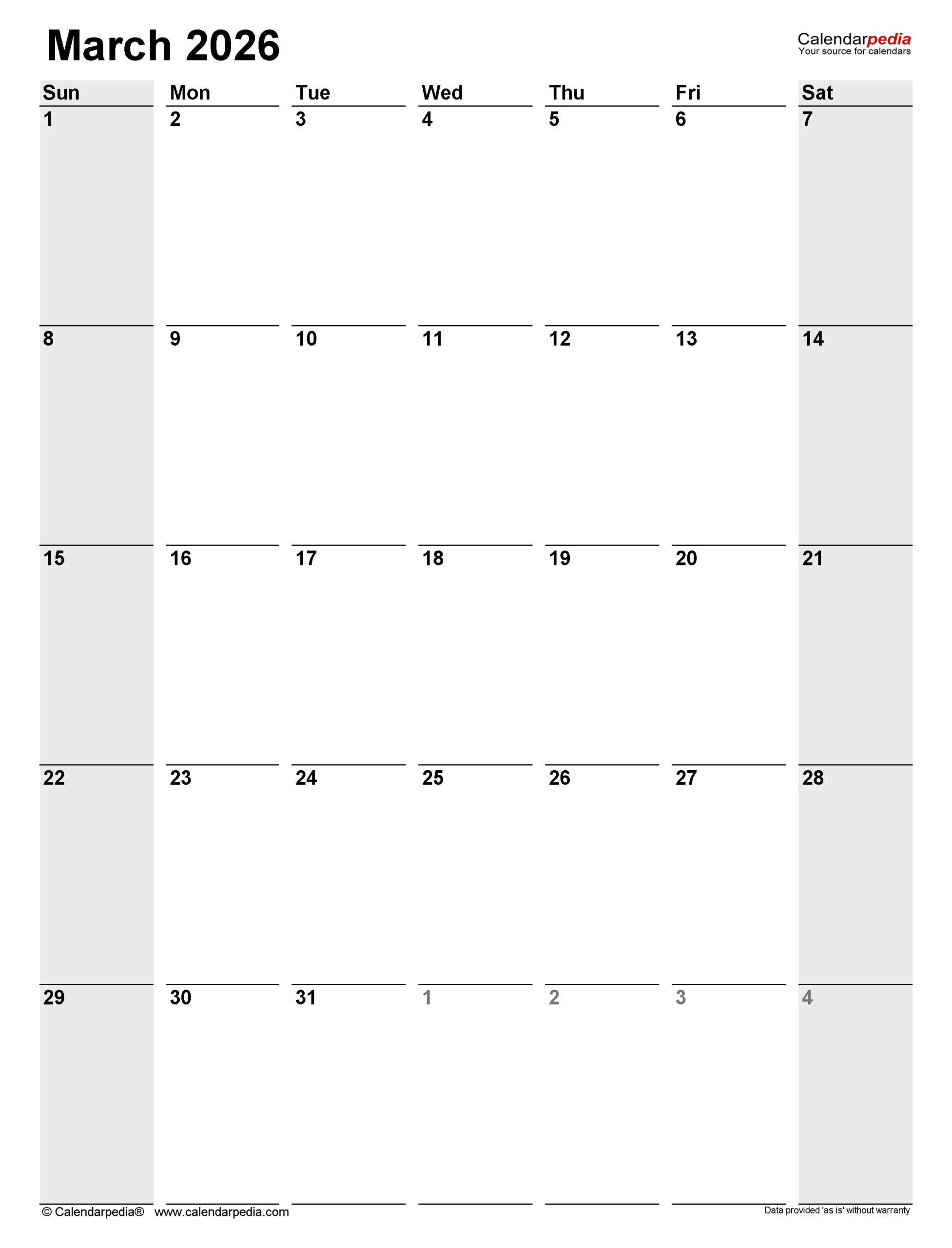Editable Calendar March 2026