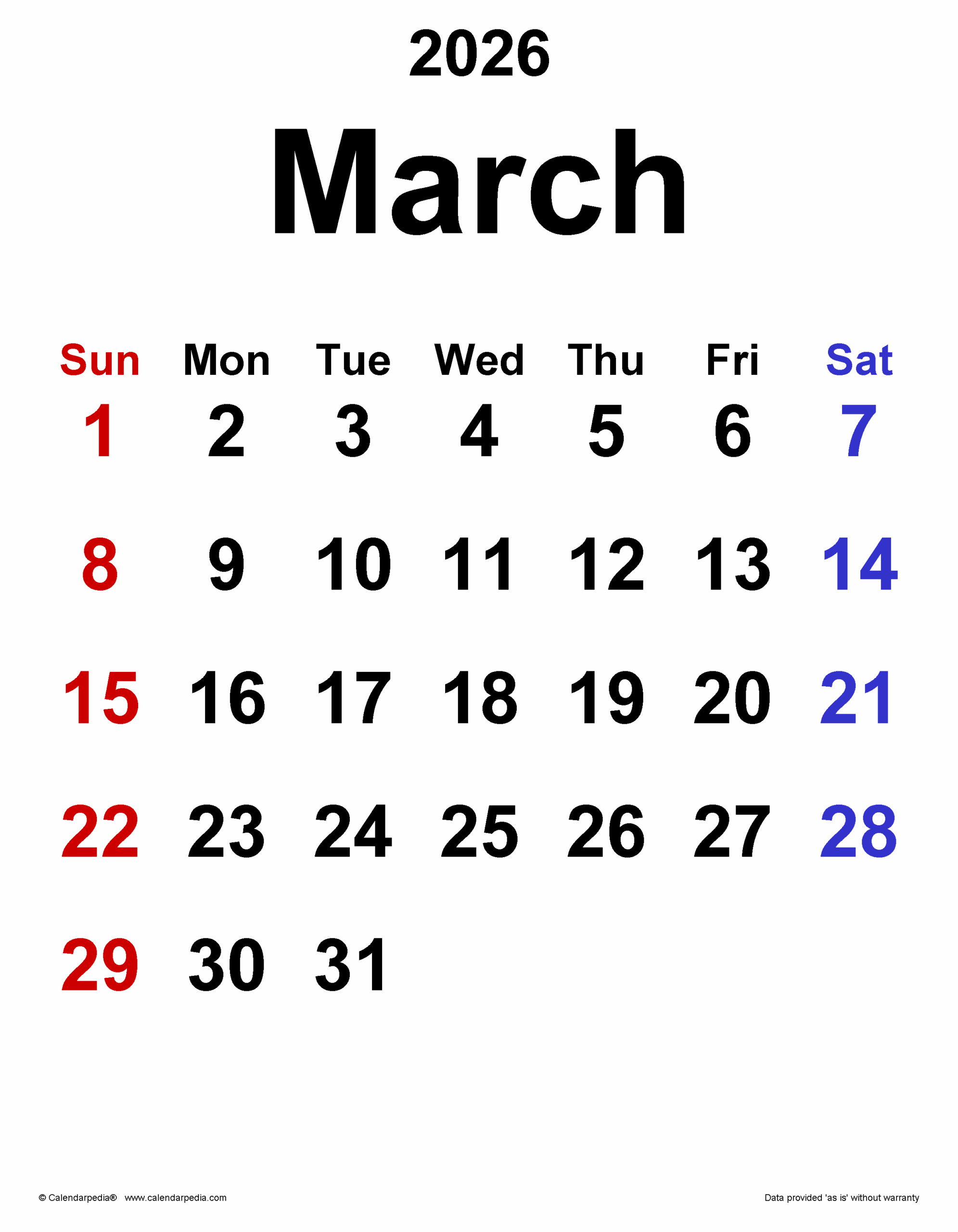 Editable March 2026 Calendar