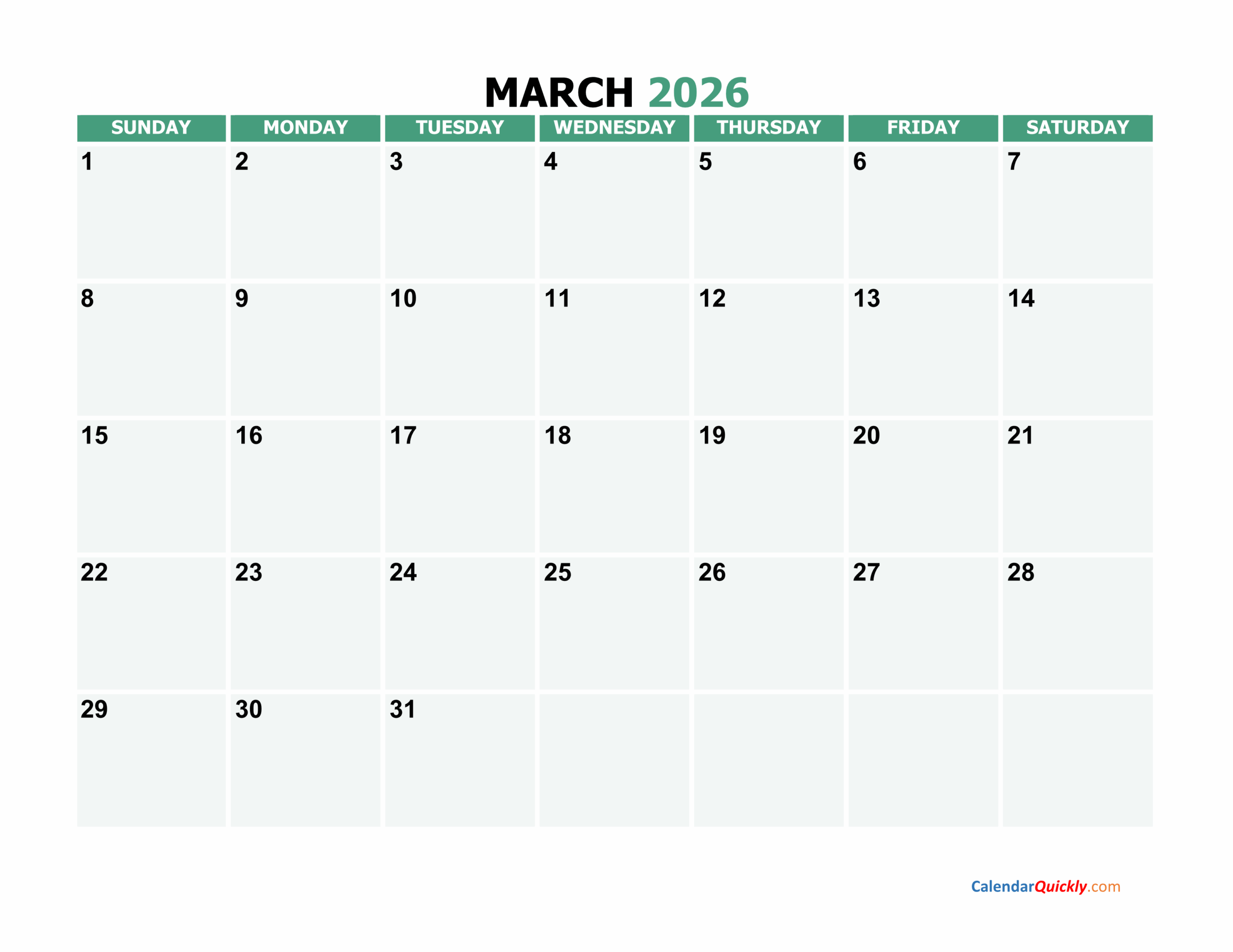 Printable March Calendar 2026