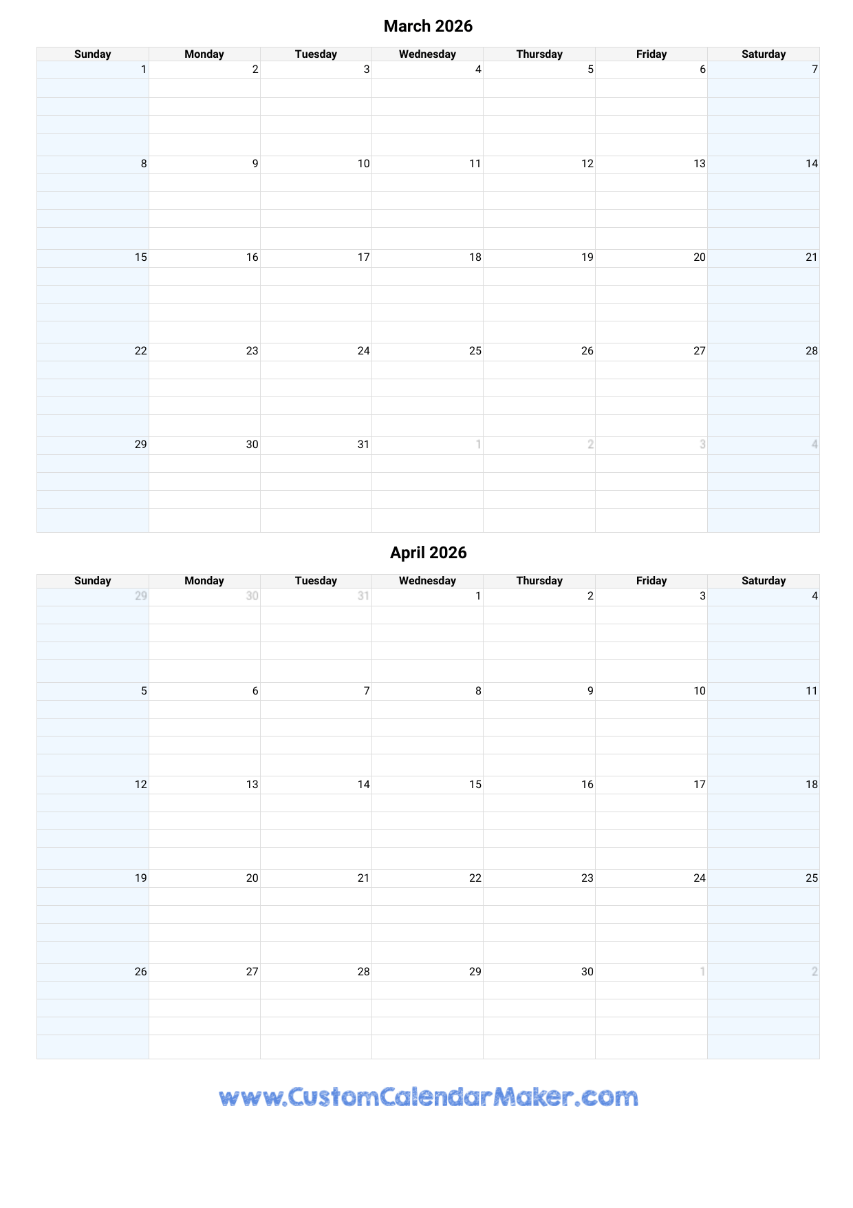 March April May Calendar 2026