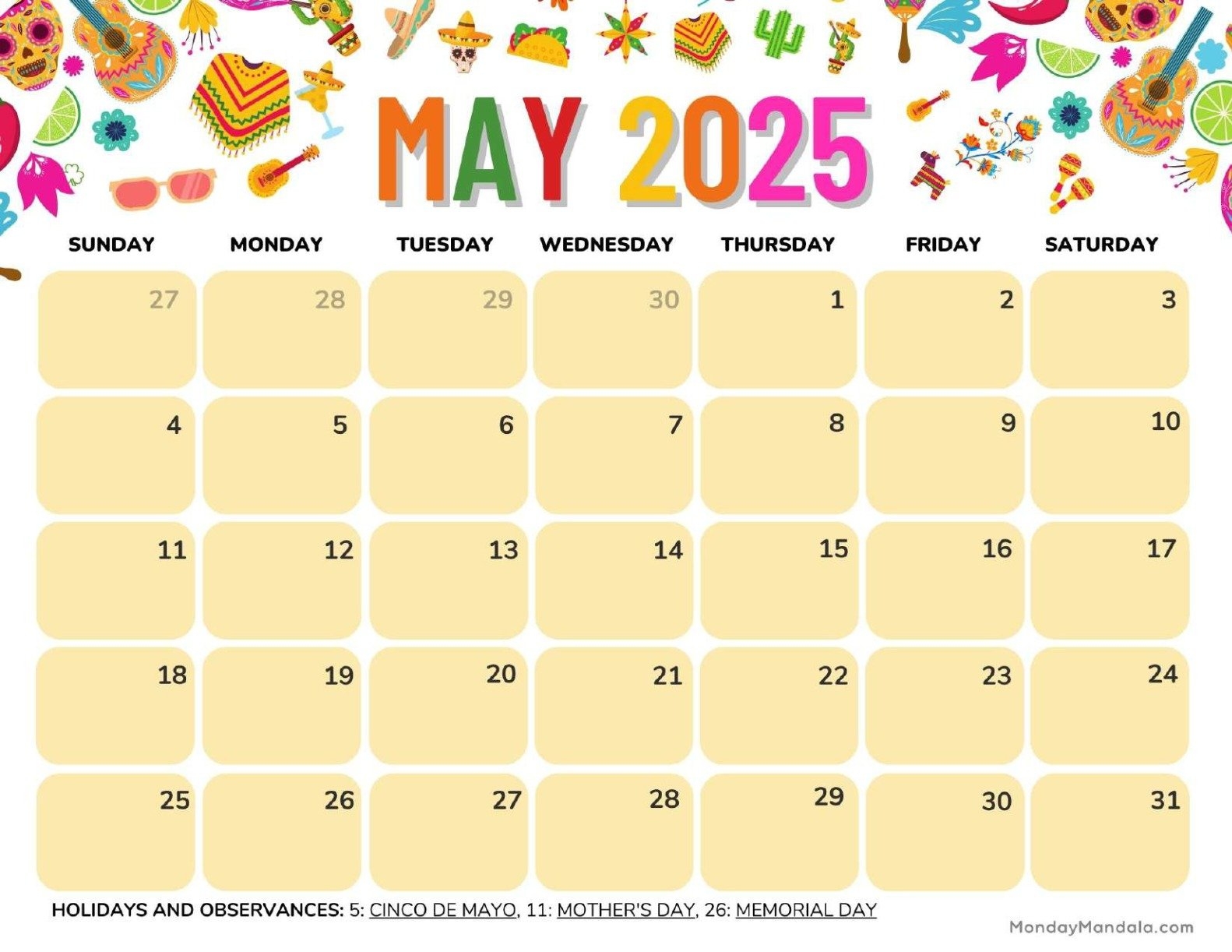 Printable May Calendar 2025