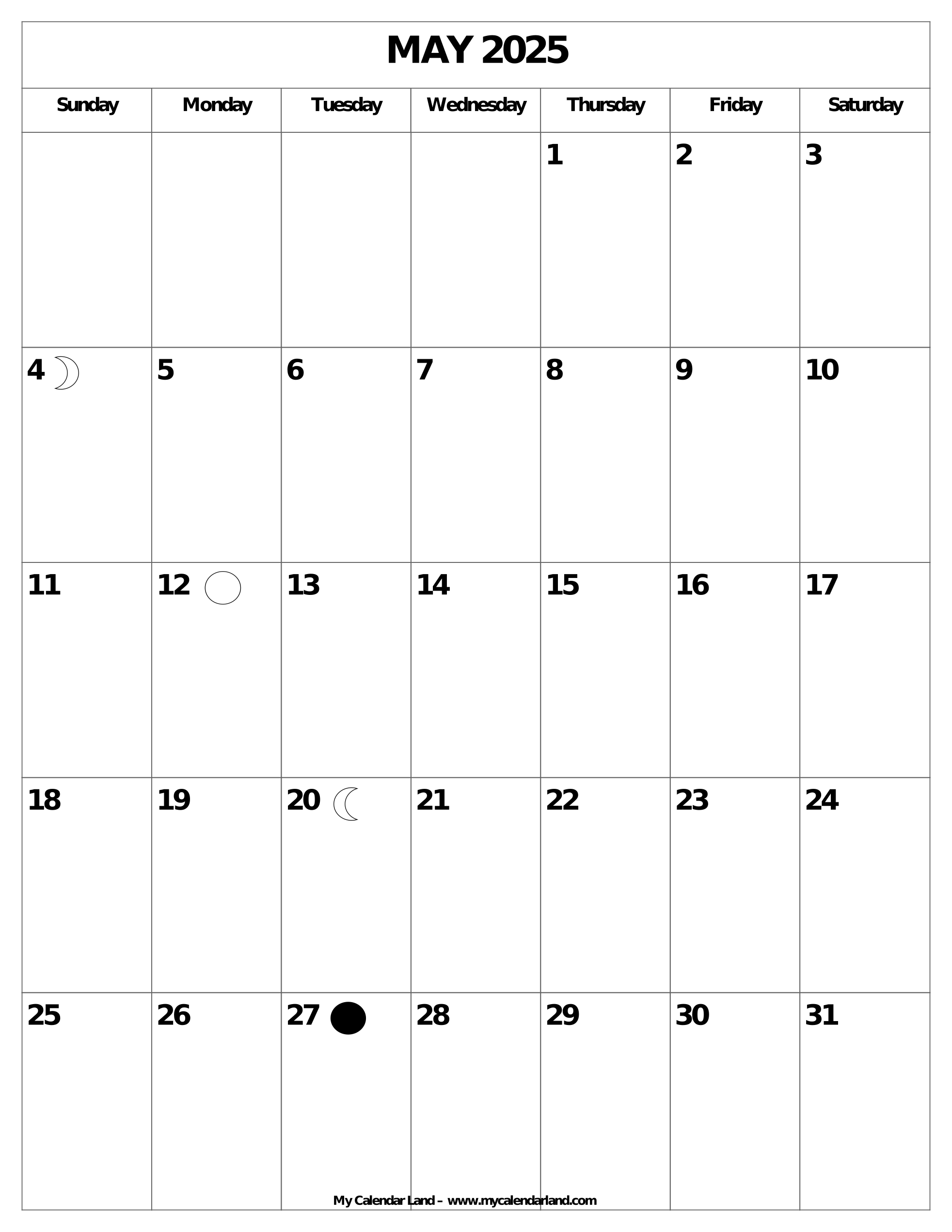 May Calendar 2025 Printable