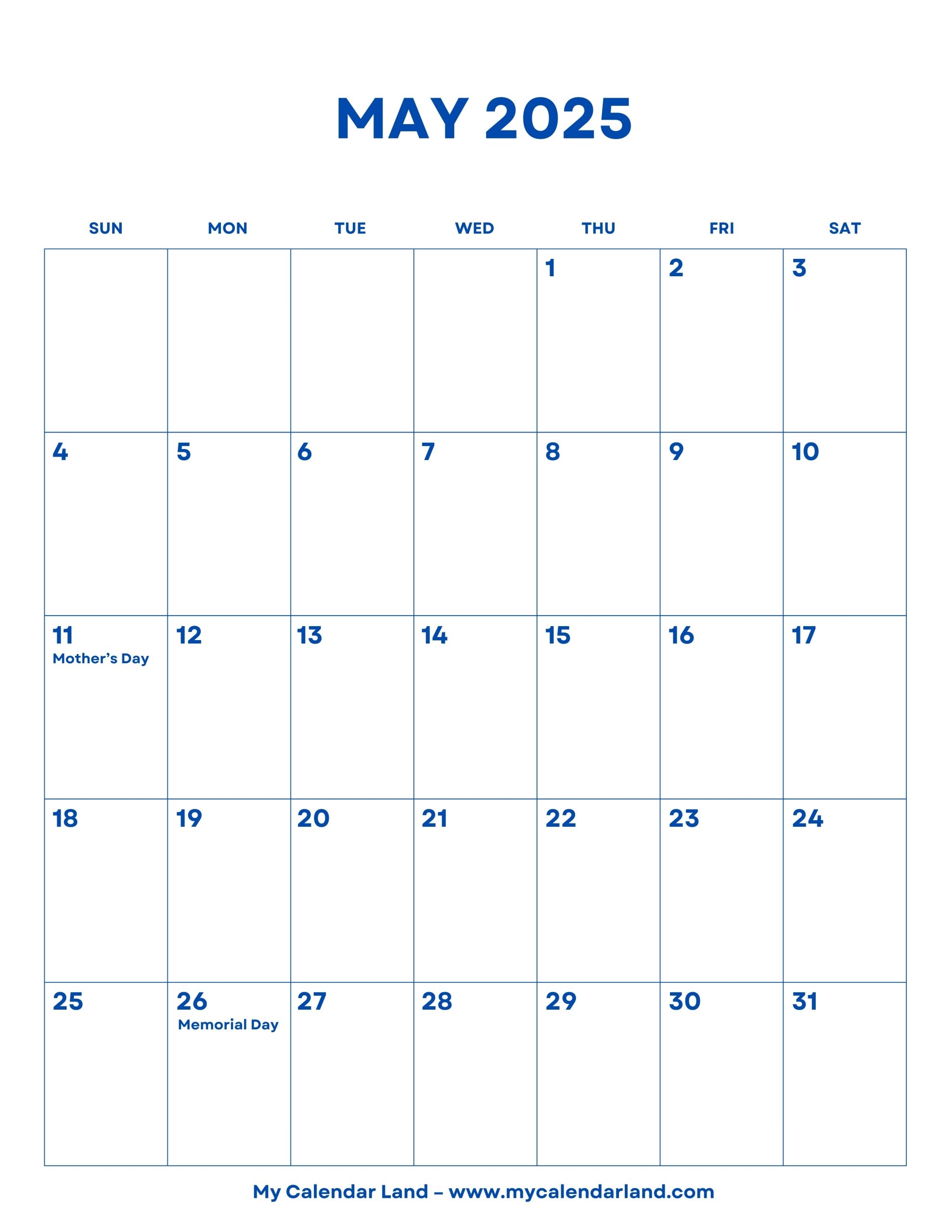 Free Printable May 2025 Calendar With Holidays