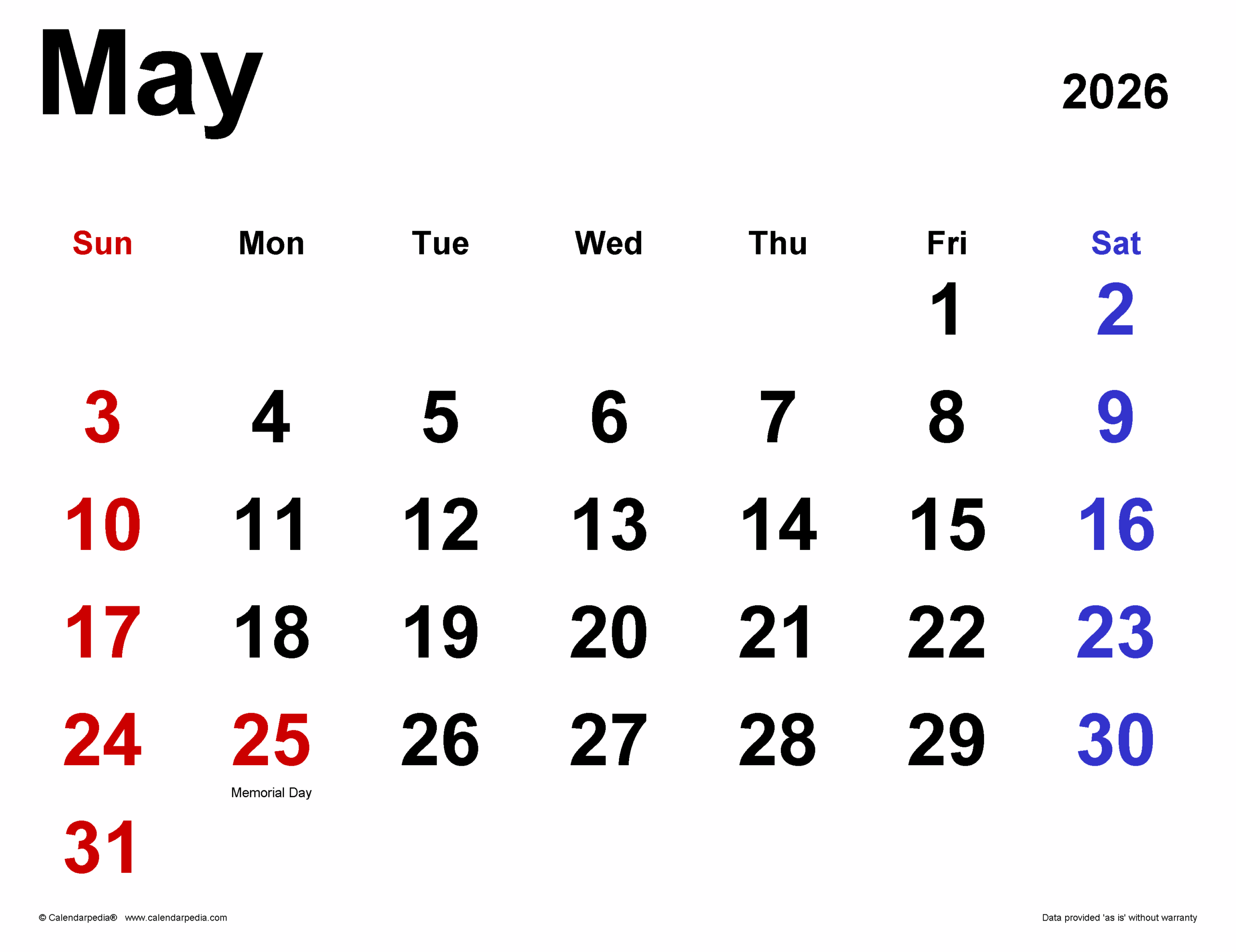 Editable Calendar May 2026