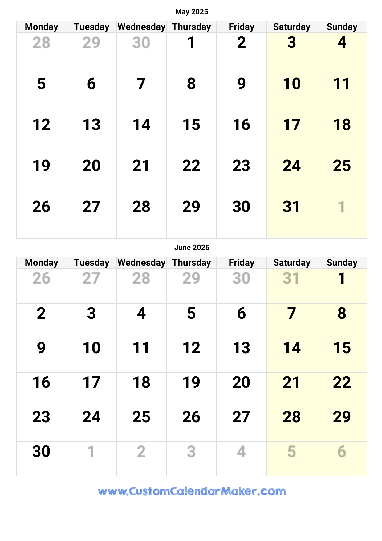 Calendar 2025 May June
