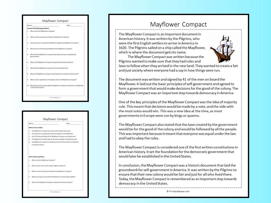 Mayflower Compact Reading Comprehension Passage Printable Worksheet Teaching Resources