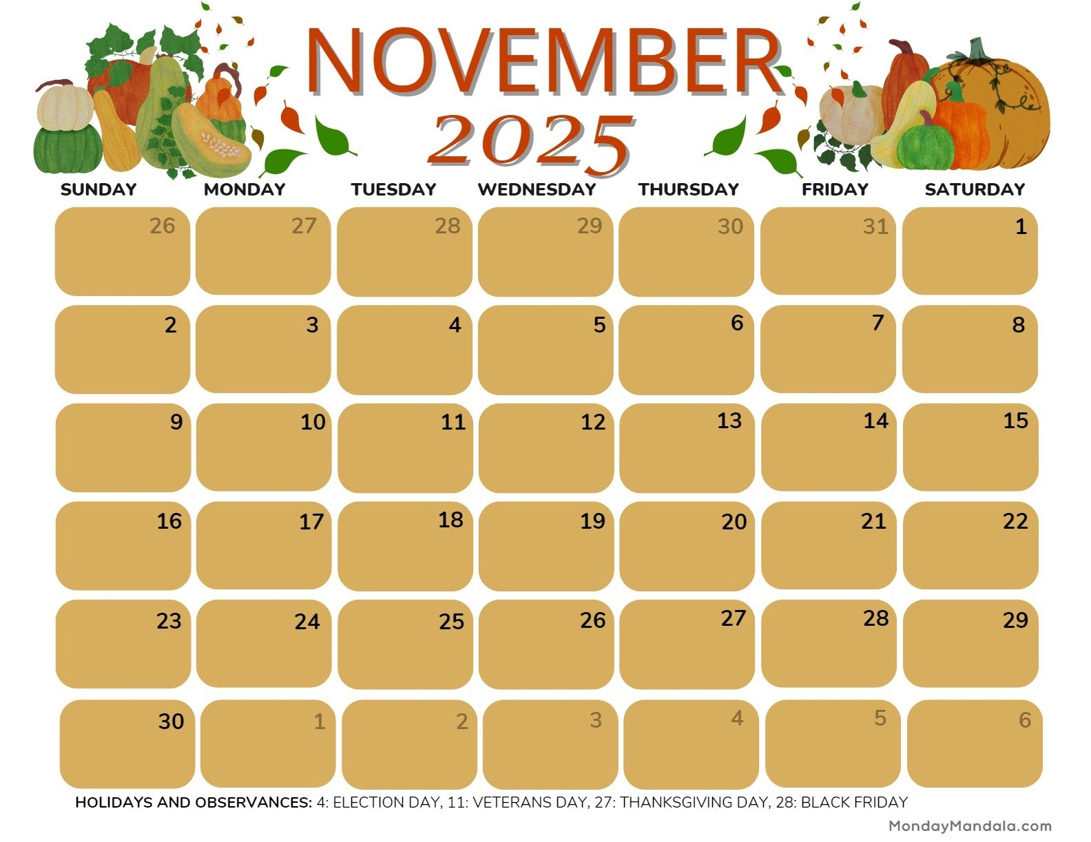 Calendar Nov 2025 Printable