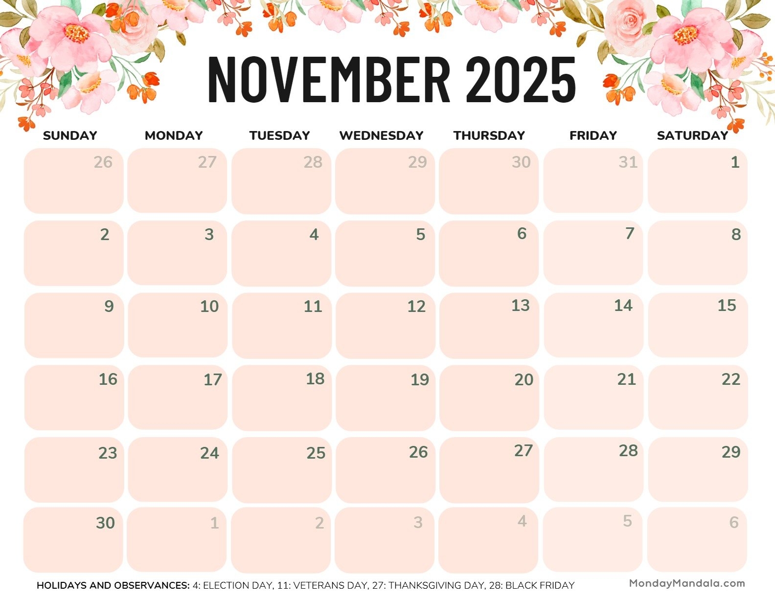 November 2025 Calendar With Holidays Printable