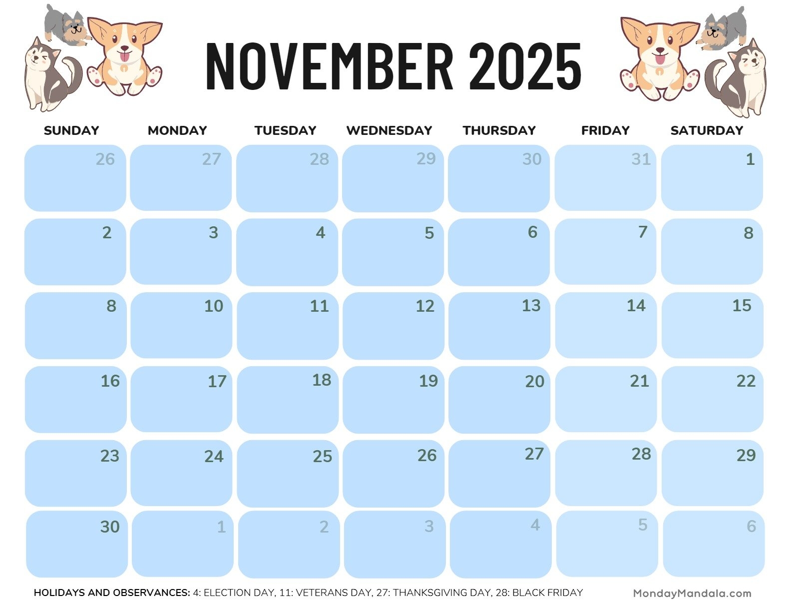 November Printable Calendar 2025 Free