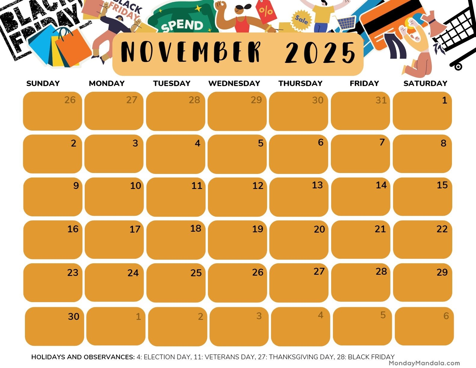 November 2025 Calendar With Holidays Printable Free