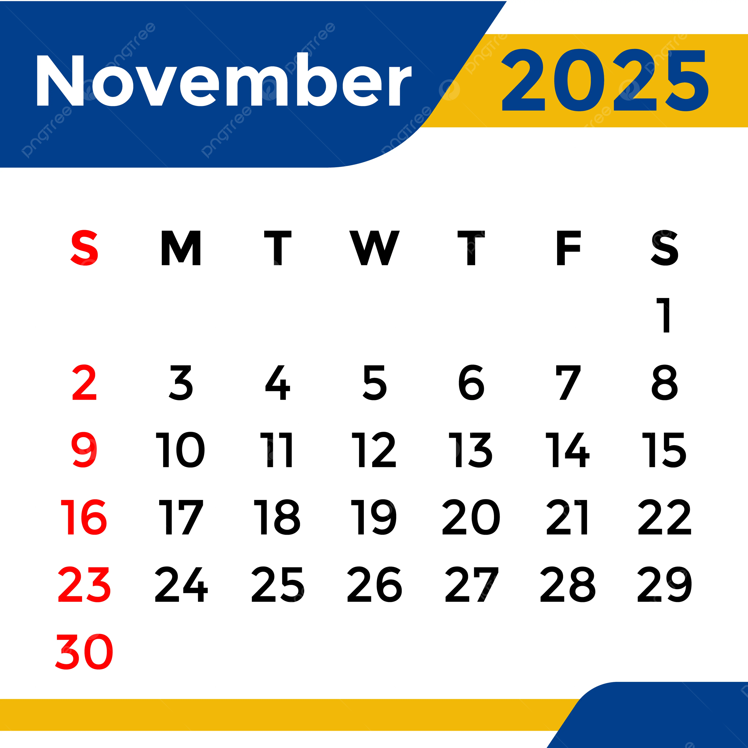 November 2025 Calendar PNG Transparent Images Free Download 