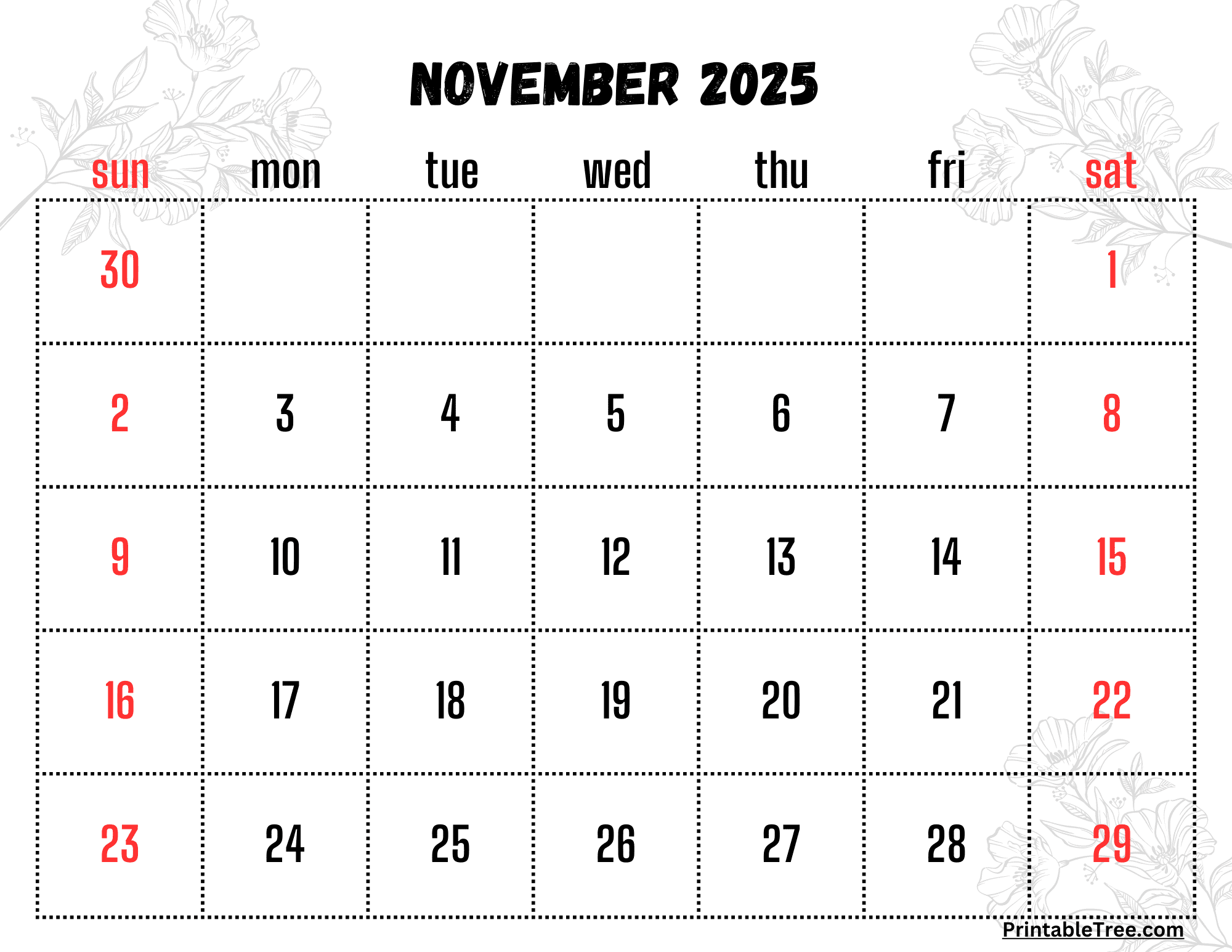 November Calendar 2025 Thanksgiving