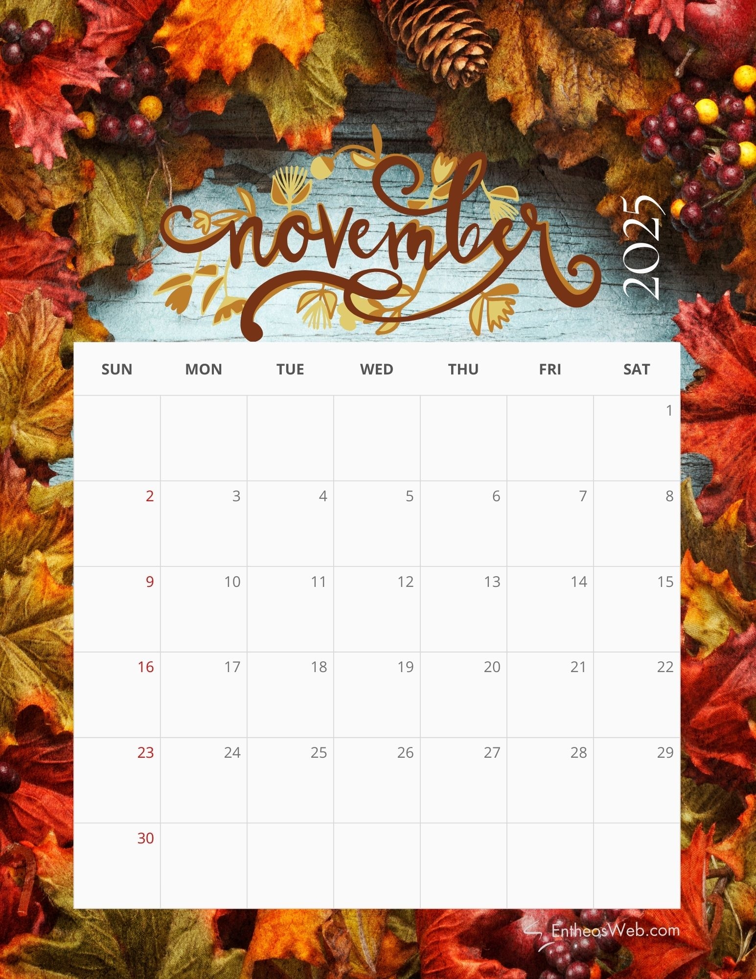 November 2025 Calendar Free Printable Pdf