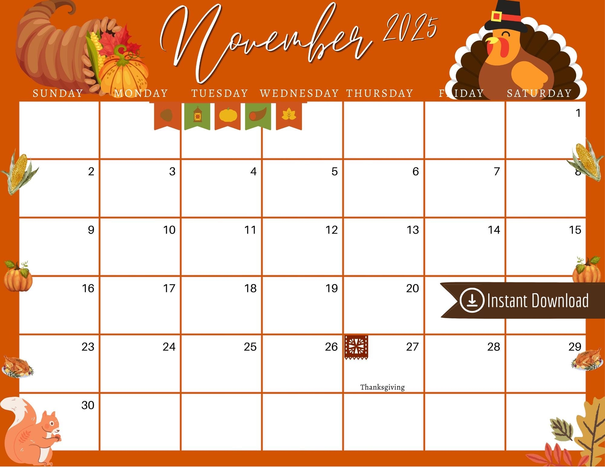 November 2025 Digital Calendar Orange Thanksgiving Planner Editable Fillable Printable Calendar For Planning PDF PNG And JPG Download Etsy Ireland