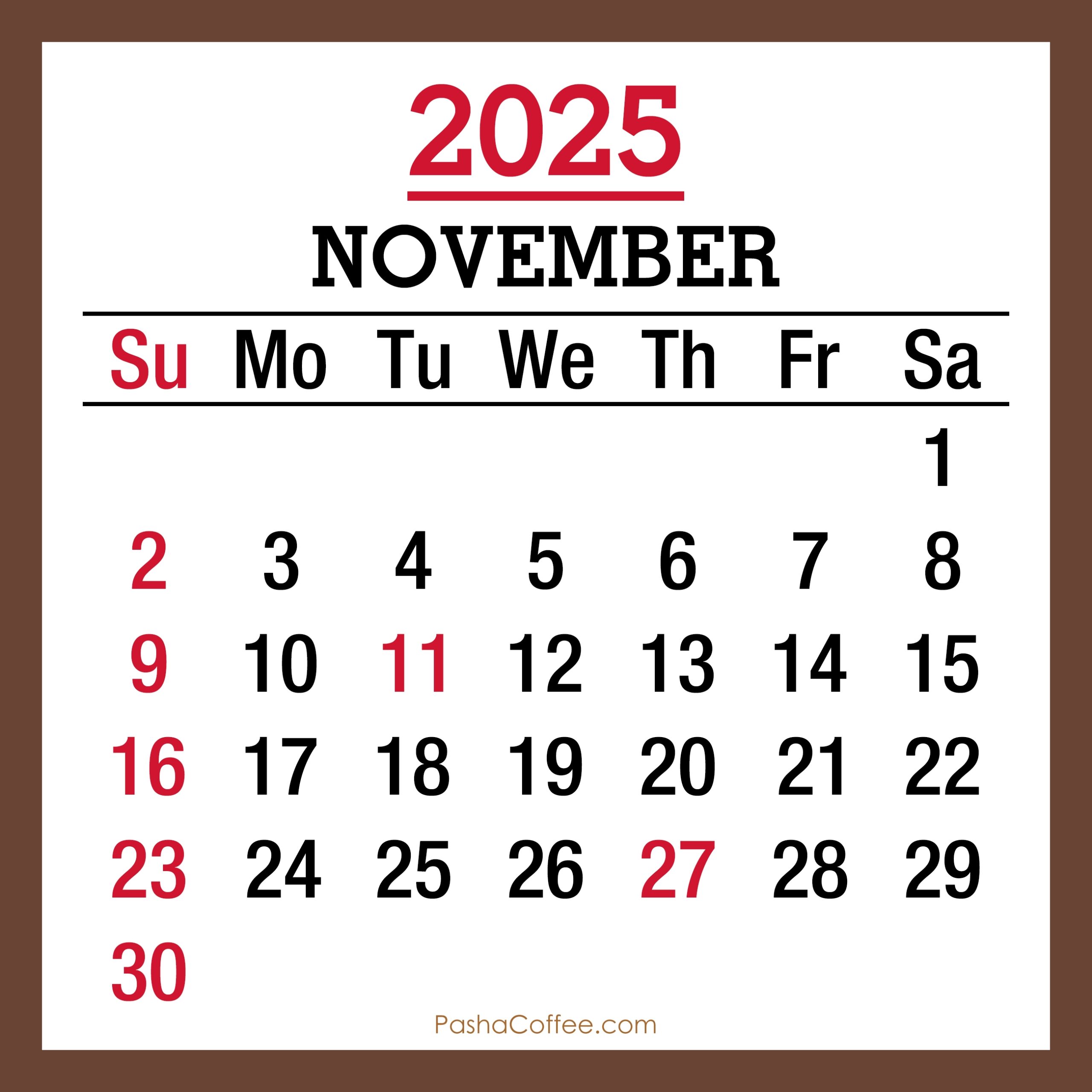 November 2025 Monthly Calendar With Holidays Printable Free Brown Sunday Start PashaCoffee
