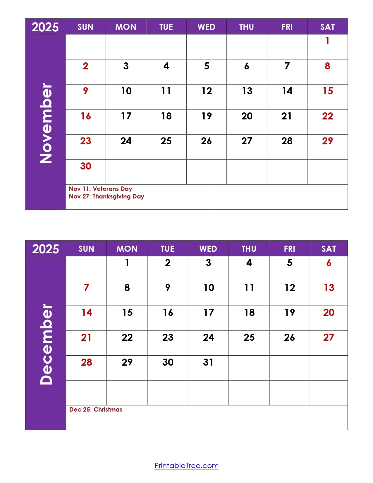 Calendar November December 2025
