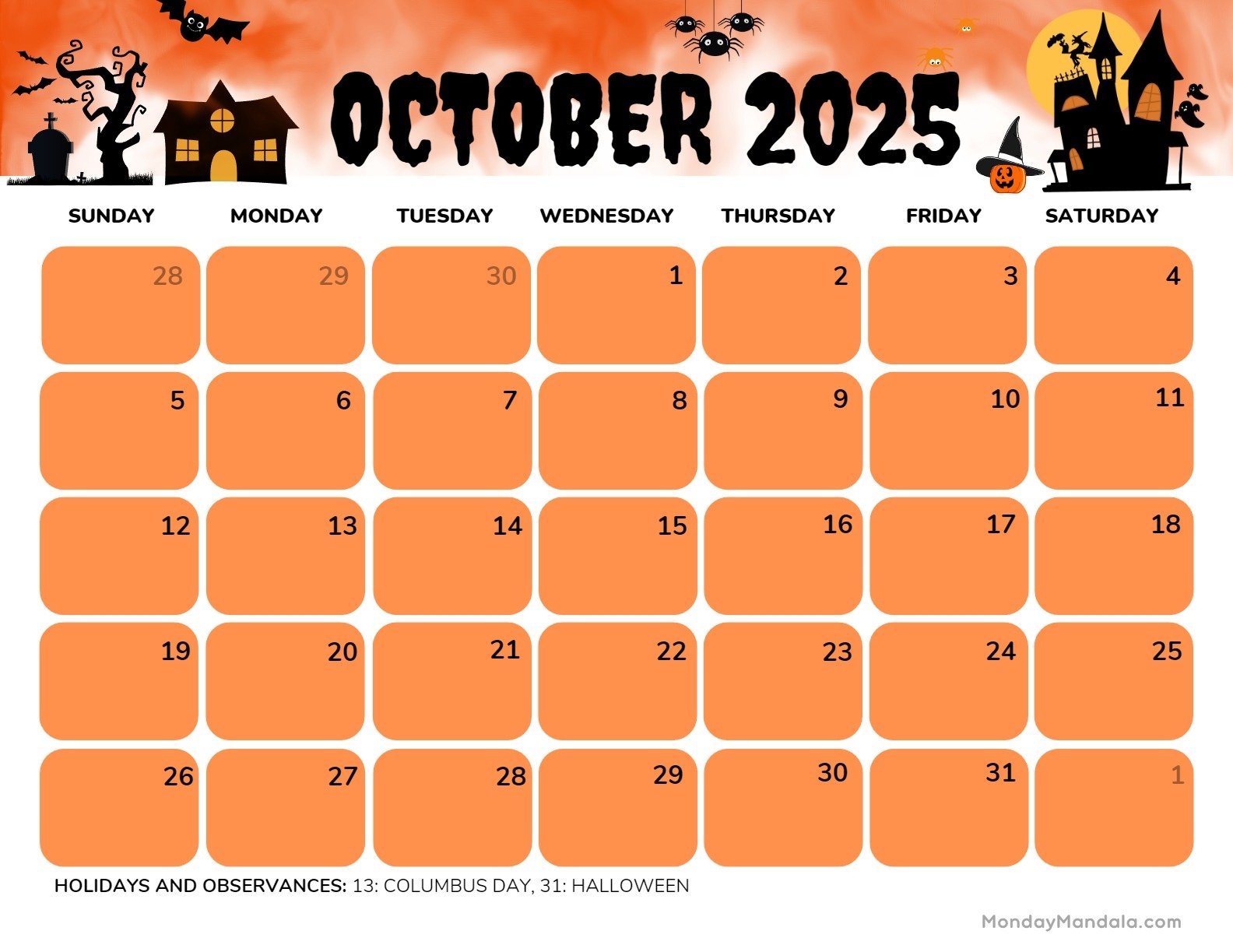 Blank October 2025 Calendar Printable Pdf