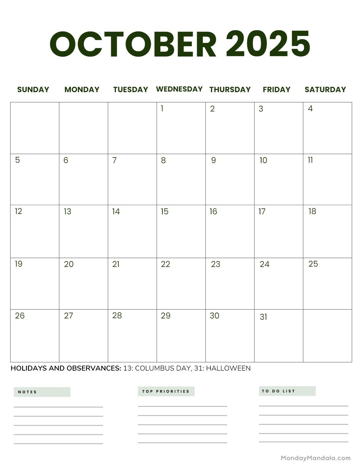 Printable Monthly Calendar 2025 October