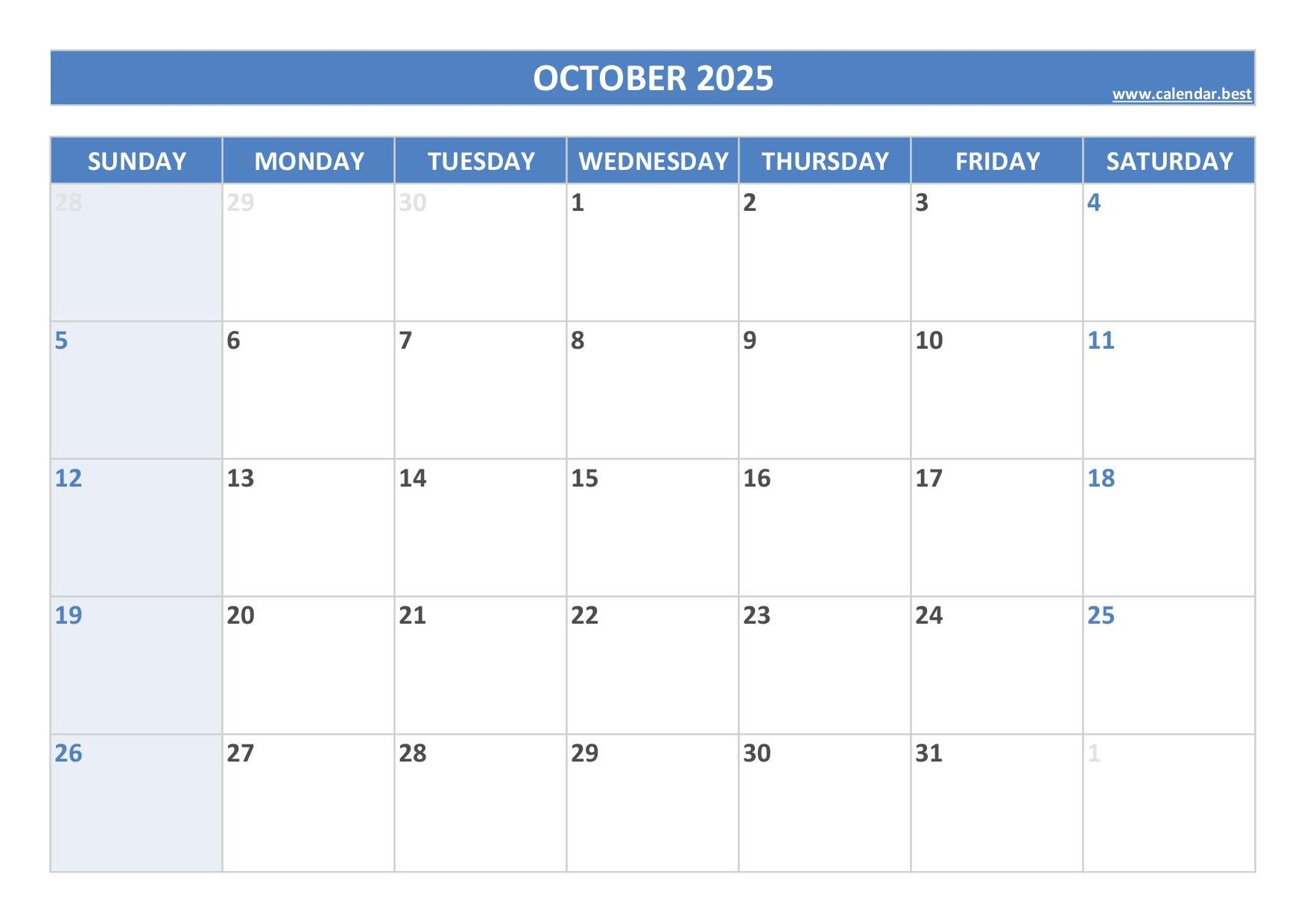 Blank Printable October 2025 Calendar