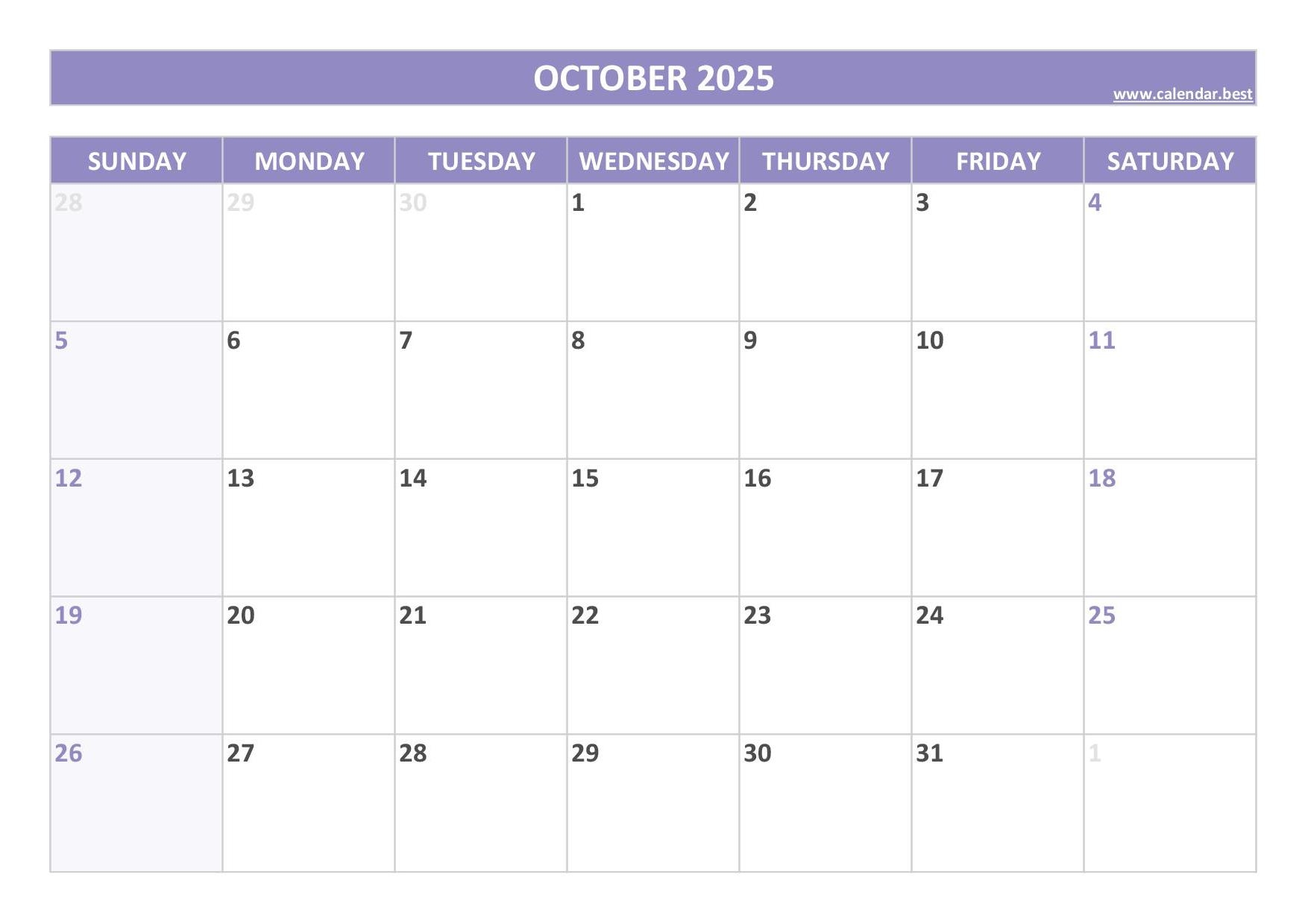 Printable October Calendar 2025