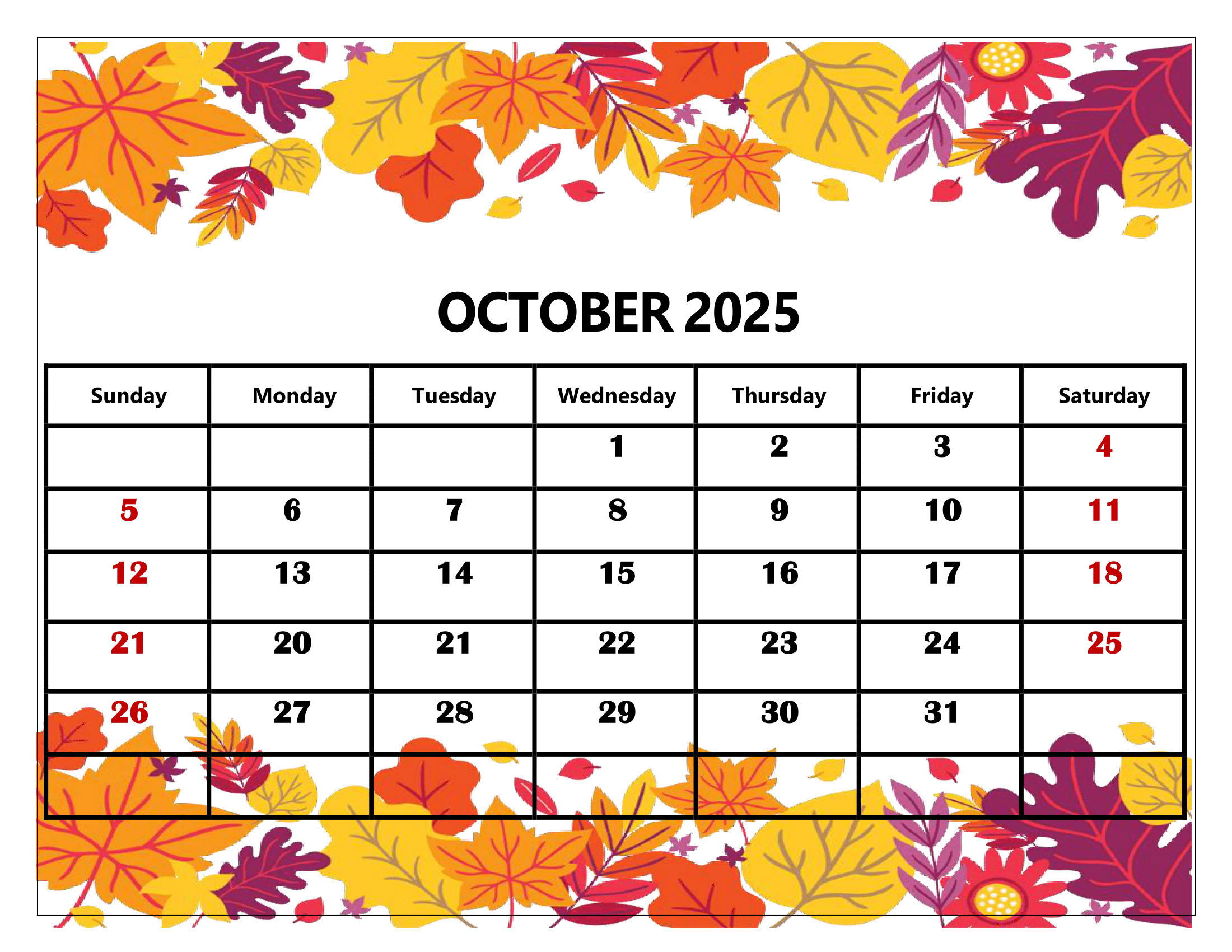 October 2025 Calendar Word