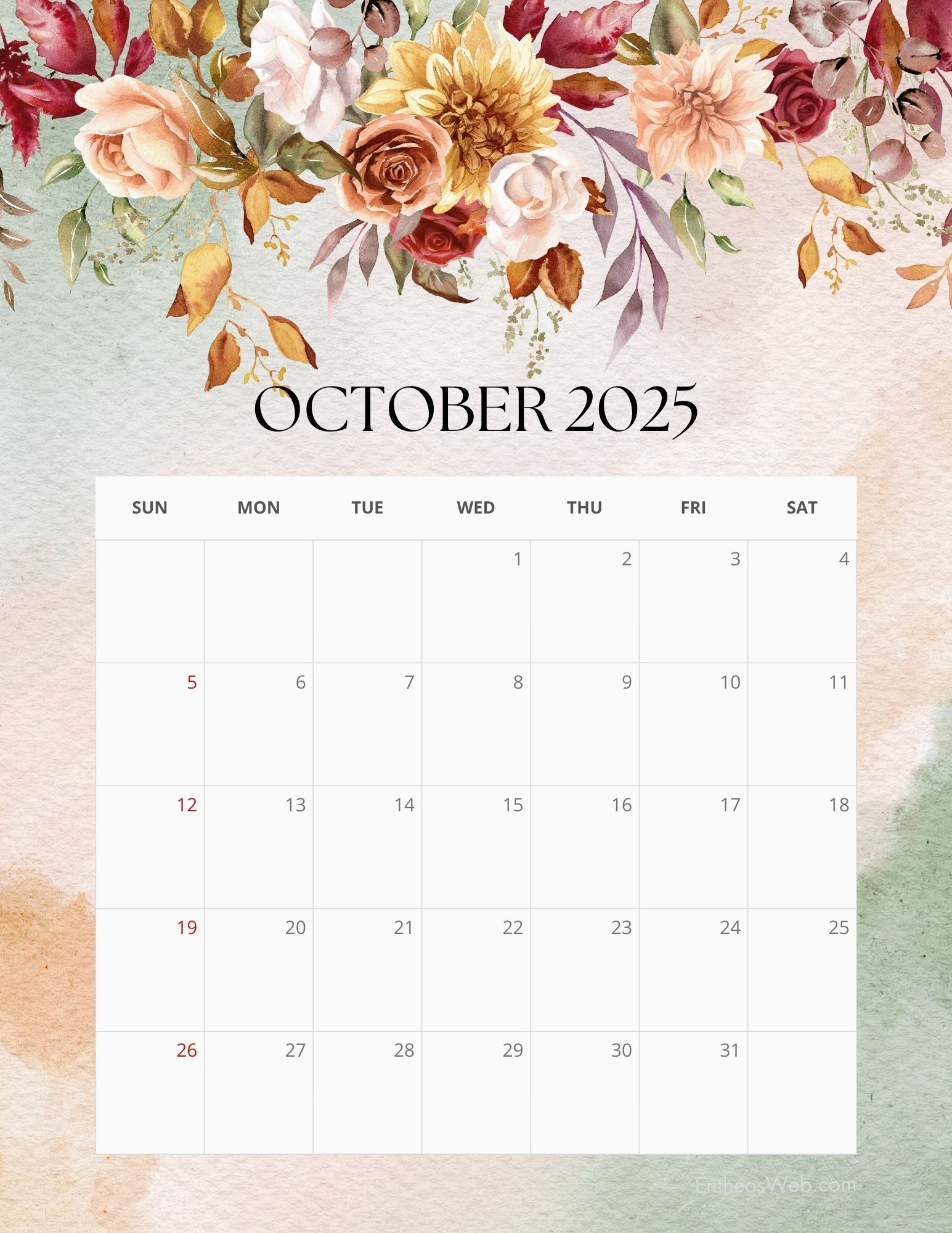 Calendar October 2025 Printable Free