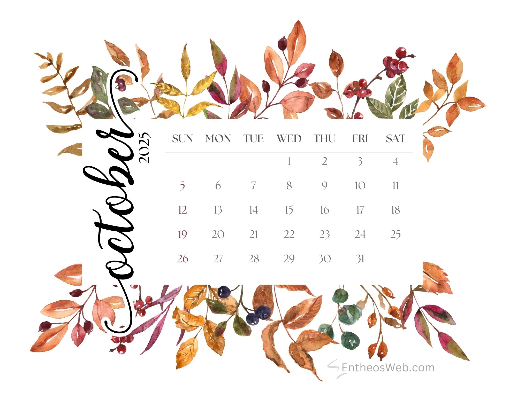 October Printable Calendar 2025 Free