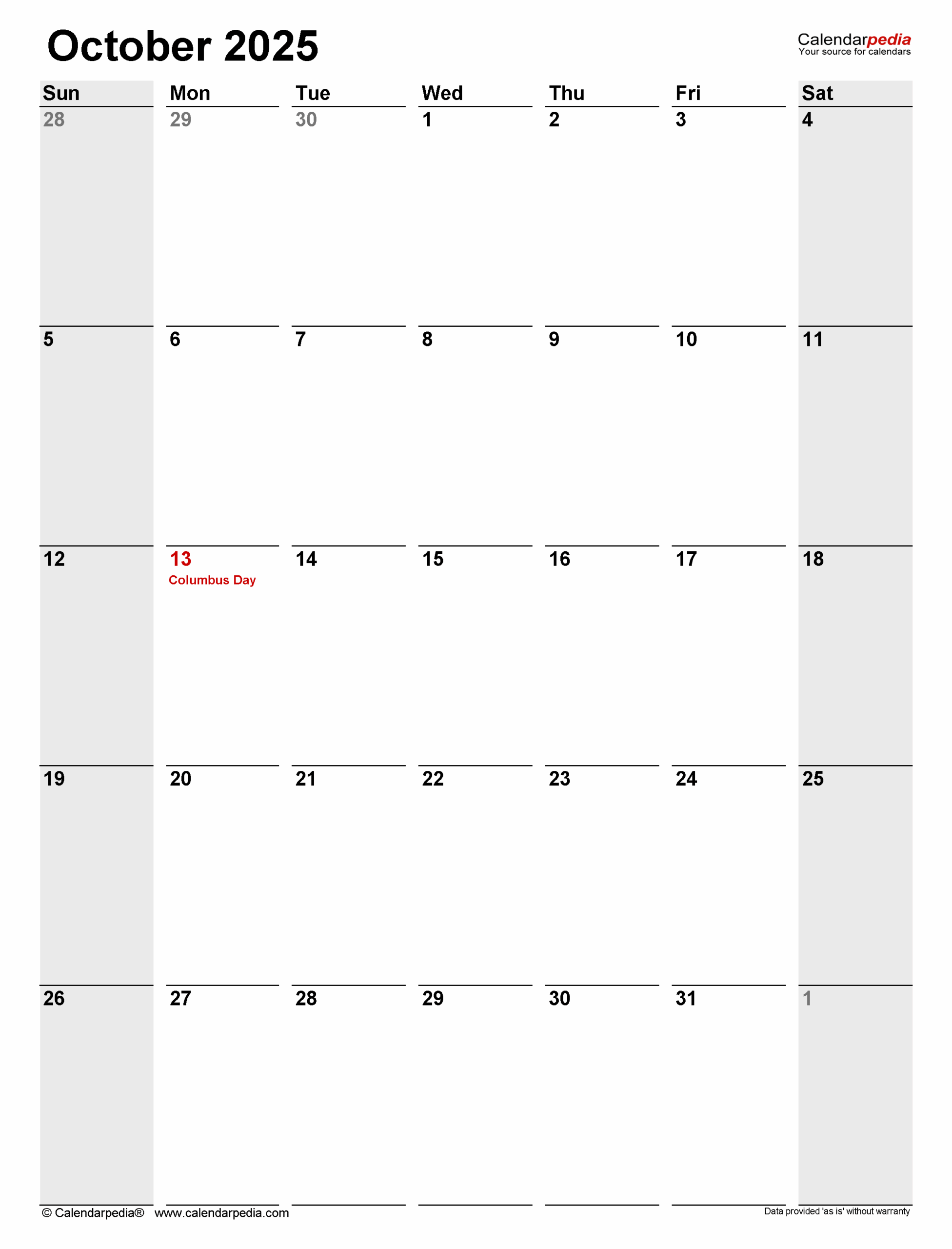 October 2025 Editable Calendar