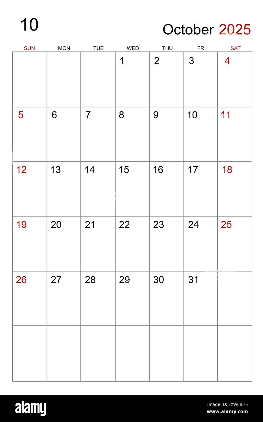 October 2025 Calendar Vertical Template On White Background Stock 