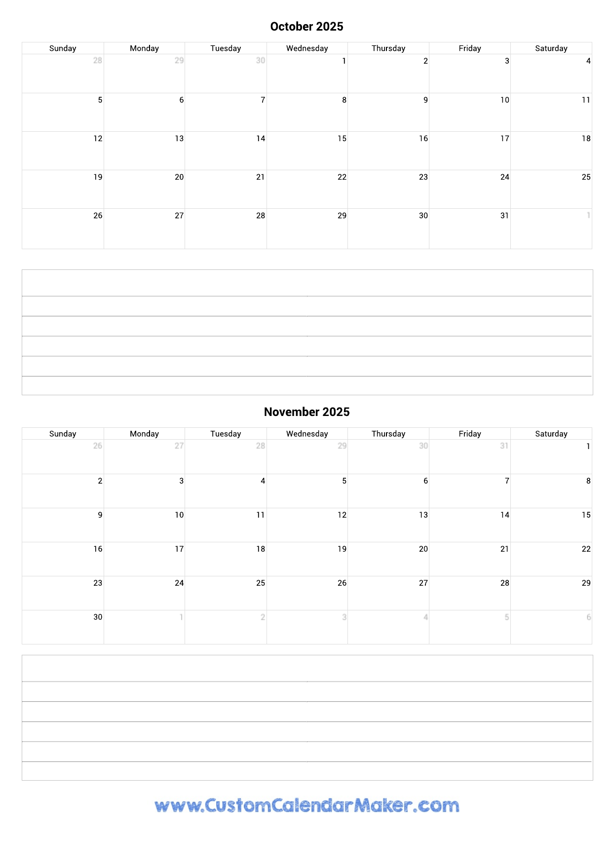 Calendar 2025 October November