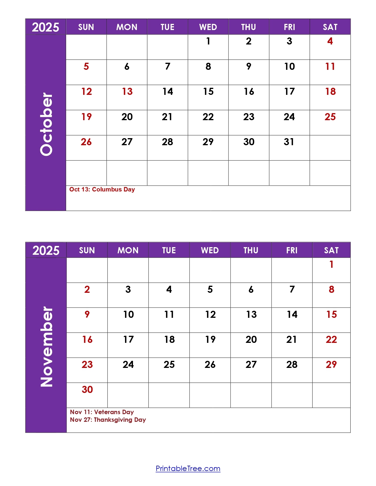 Printable Calendar October November December 2025
