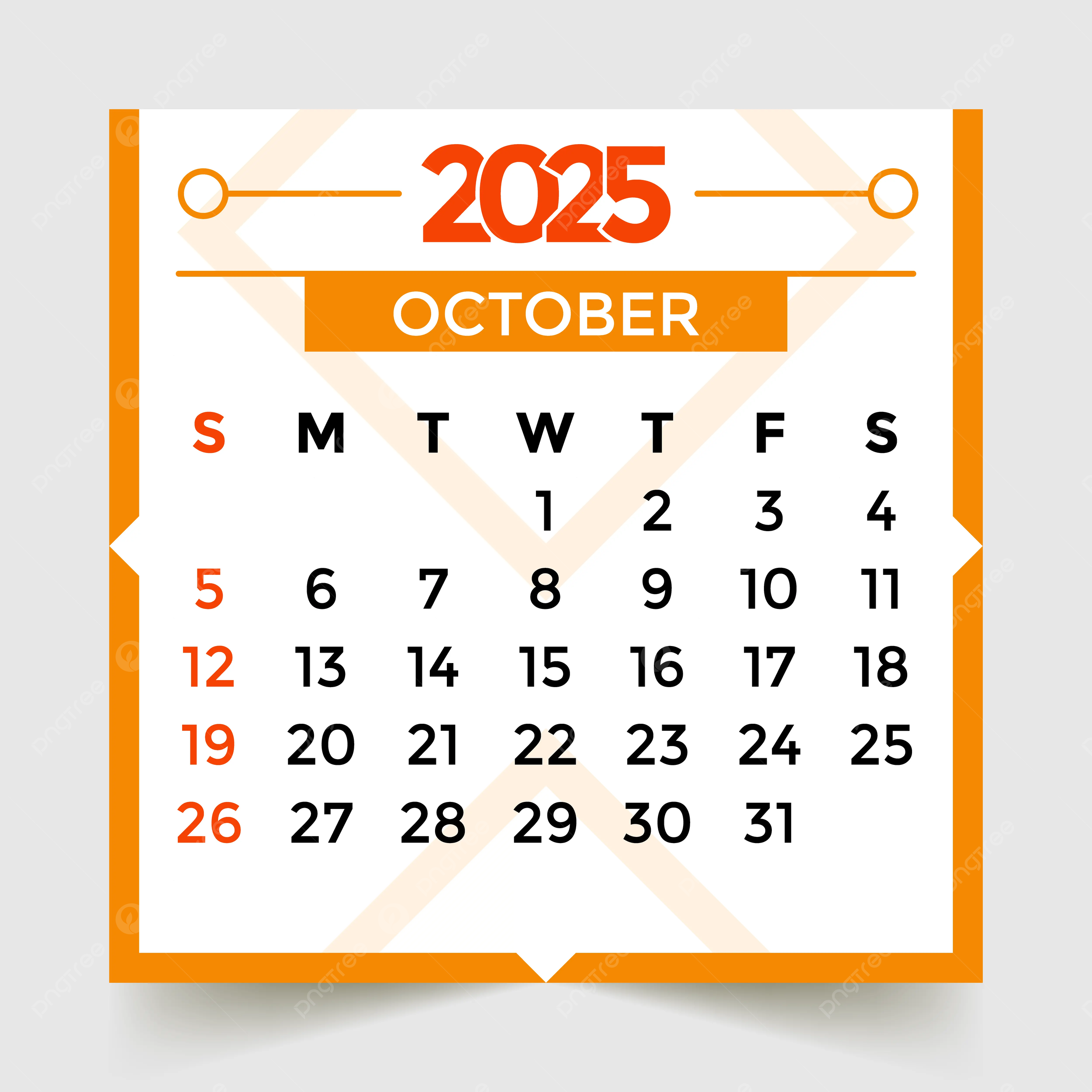 October Month 2025 Calendar Orange Vector Template Download On Pngtree