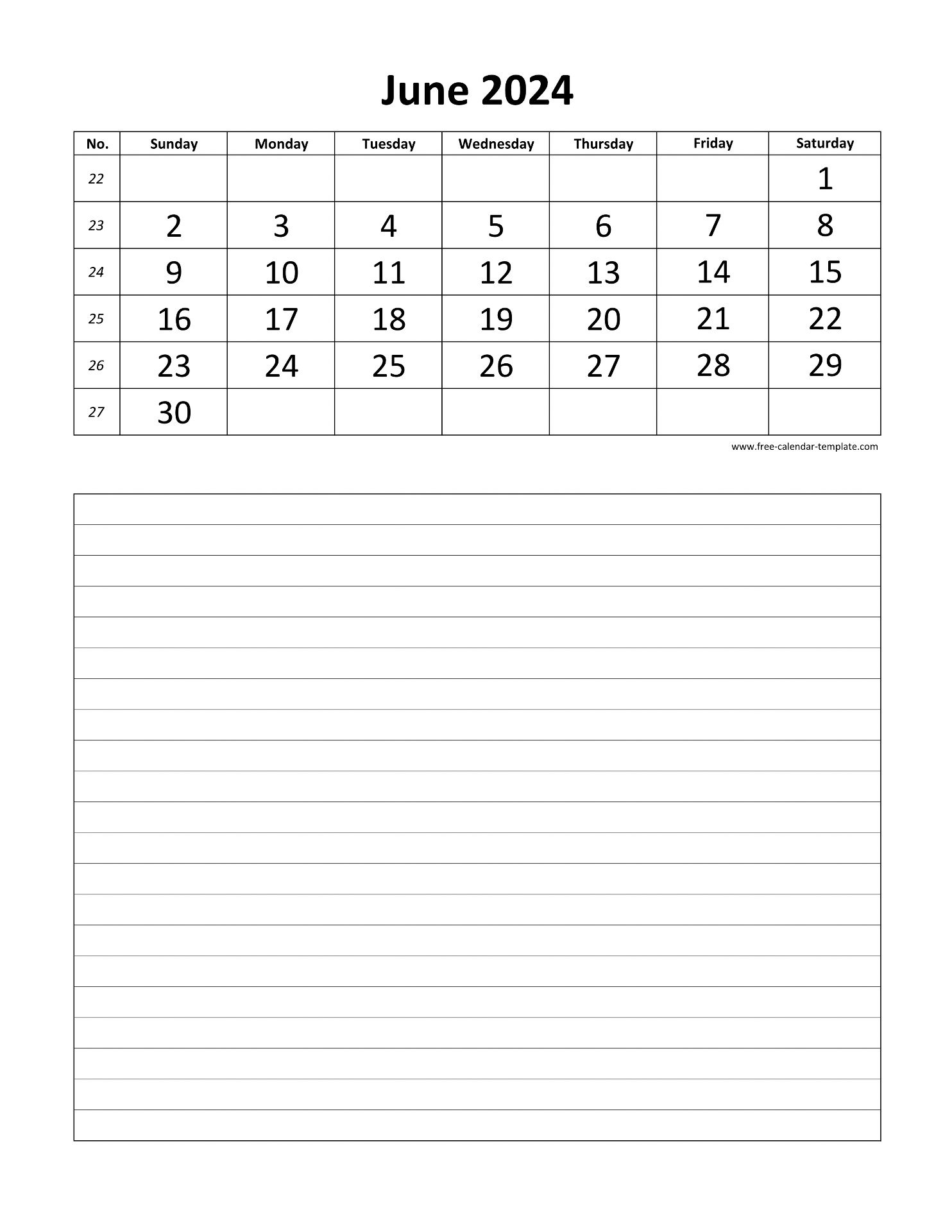 June Calendar Page Printable
