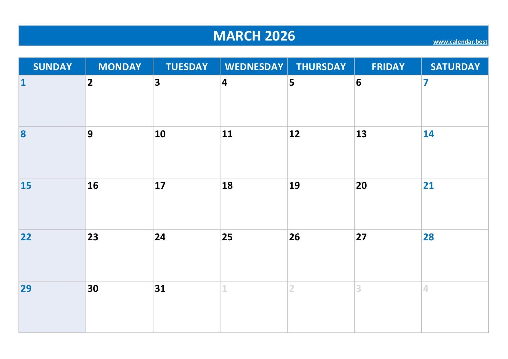 Calendar For March Of 2026
