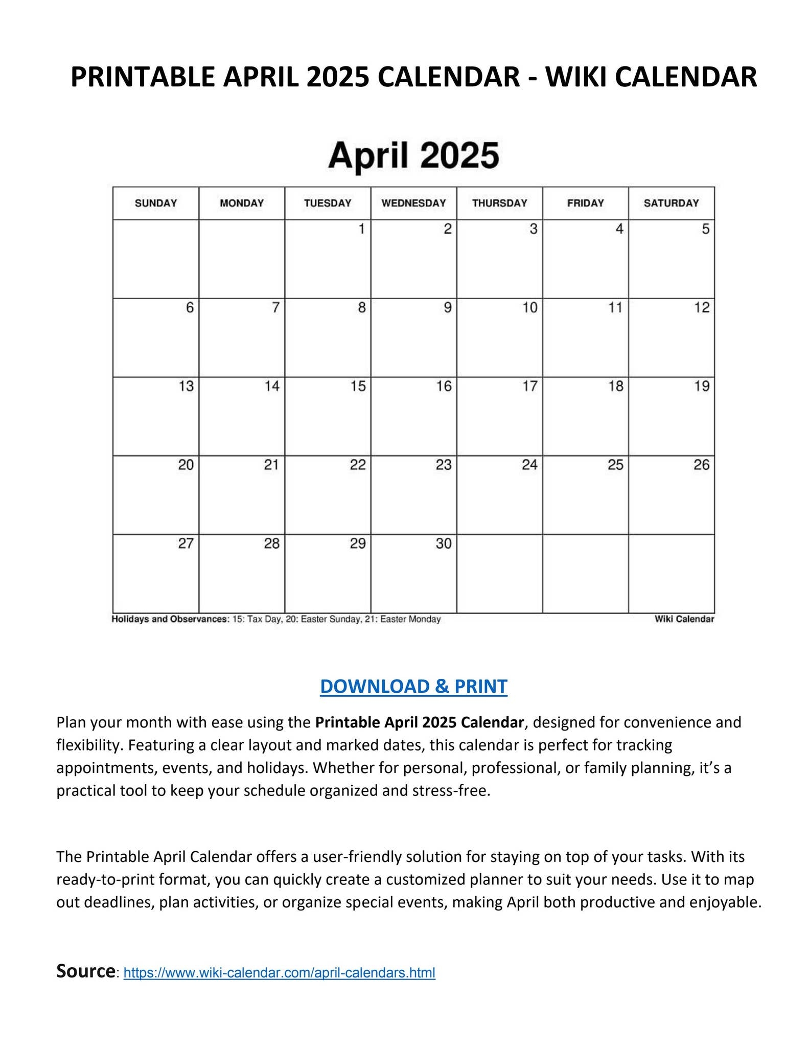 Printable April 2025 Calendar Wiki Calendar By Wiki Calendar Issuu