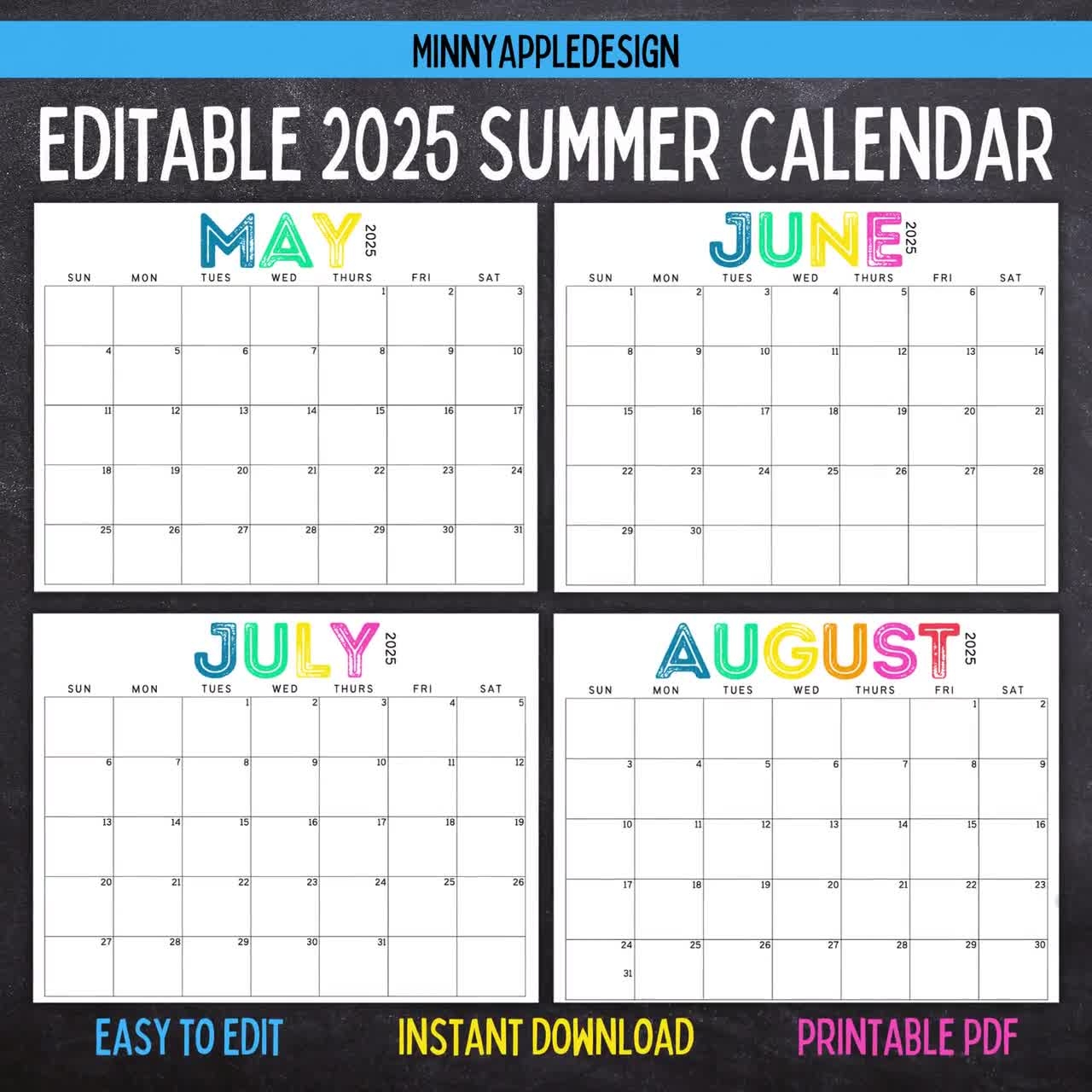 Printable Editable SUMMER Calendar June July August Calendar May 2025 June 2025 July 2025 August 2025 Summer Planner Etsy UK
