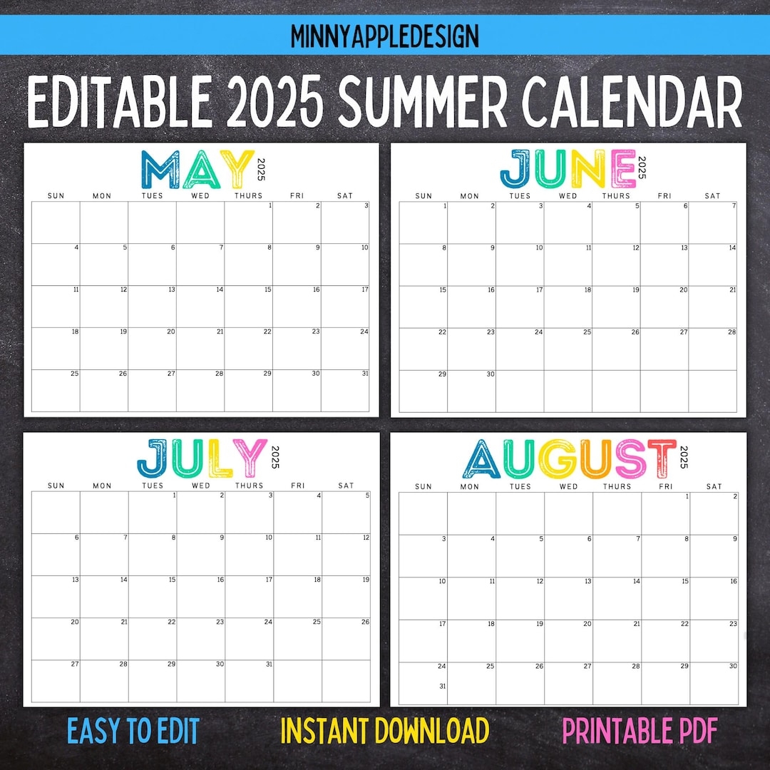 Printable Editable SUMMER Calendar June July August Calendar May 2025 June 2025 July 2025 August 2025 Summer Planner Etsy UK