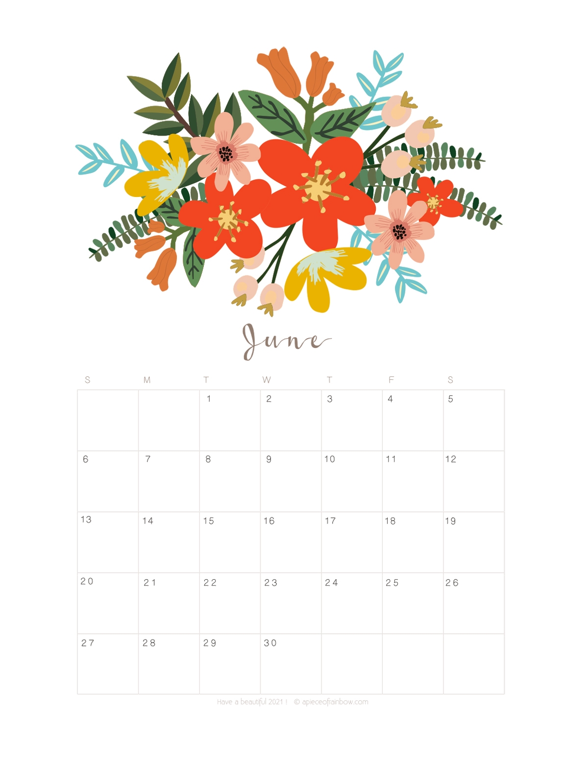 Printable June 2021 Calendar Monthly Planner 2 Designs Flowers Modern A Piece Of Rainbow