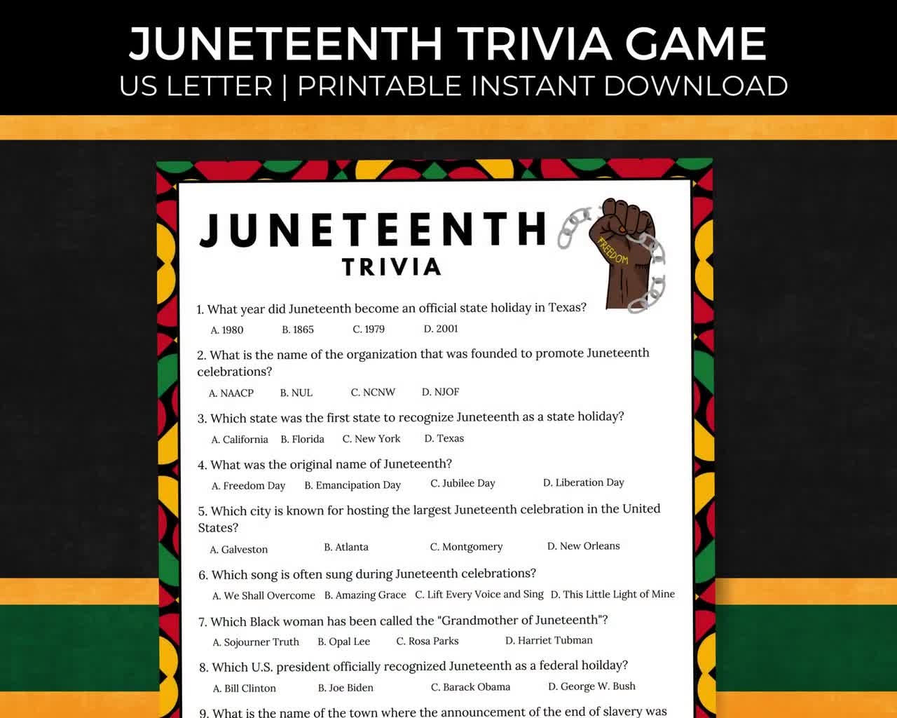 Printable Juneteenth Trivia Juneteenth Activities Freedom Day Celebration Juneteenth Games Black History Games Instant Download Etsy