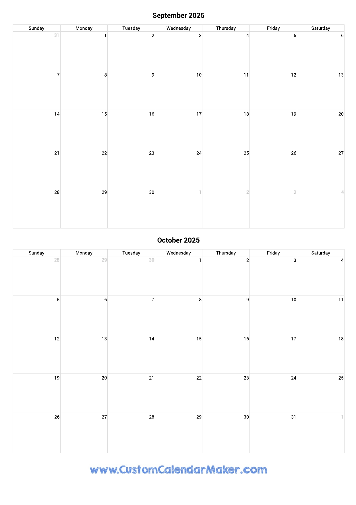 September October 2025 Calendar Printable
